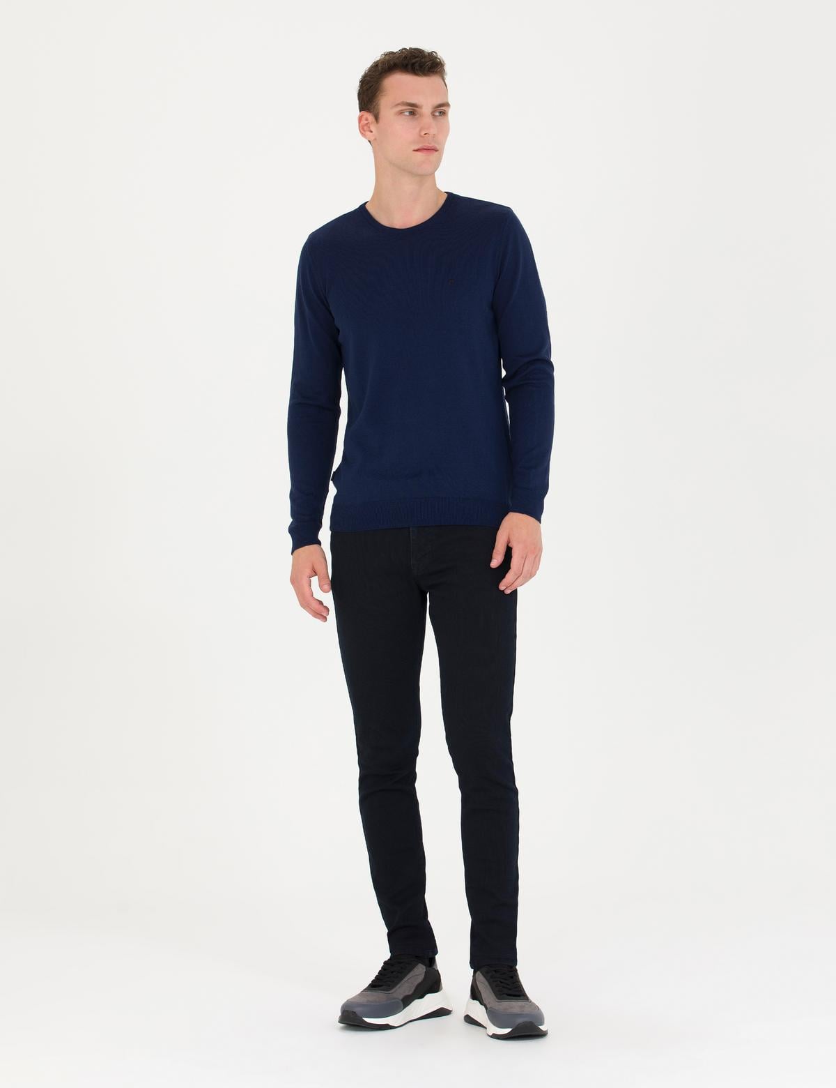 Açık Lacivert Slim Fit Bisiklet Yaka Basic Triko Kazak - 50276349008