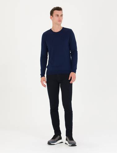 Açık Lacivert Slim Fit Bisiklet Yaka Basic Triko Kazak