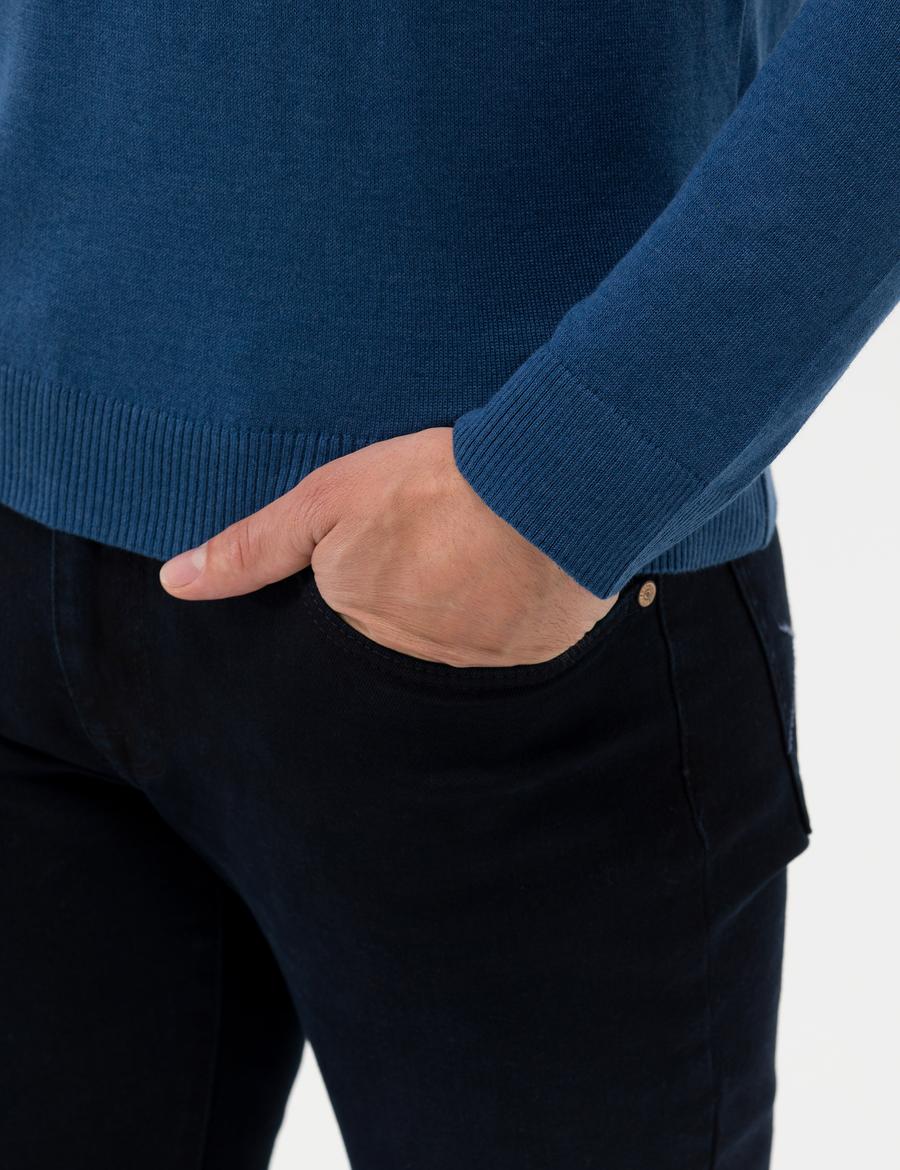 İndigo Melanj Slim Fit Yarım Balıkçı Yaka Basic Triko Kazak