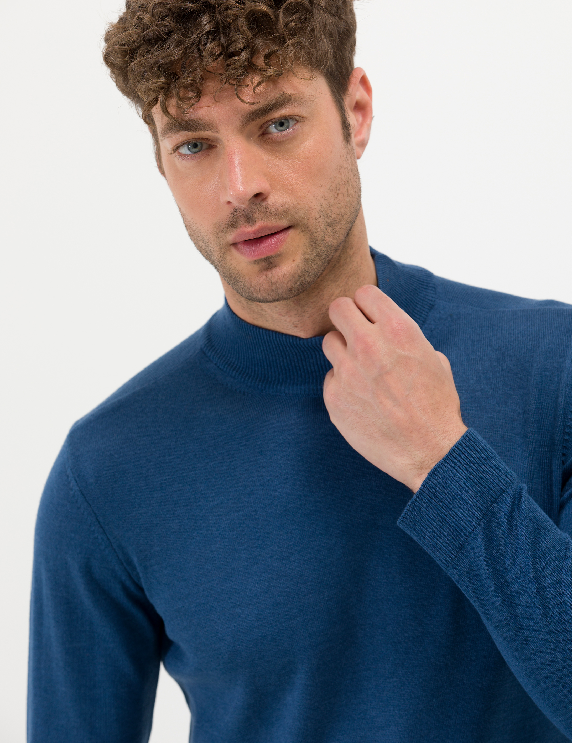 Pierre Cardin İndigo Melanj Slim Fit Yarım Balıkçı Yaka Basic Triko Kazak görsel 2
