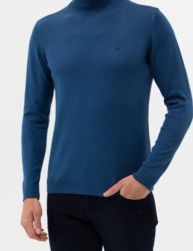 İndigo Melanj Slim Fit Yarım Balıkçı Yaka Basic Triko Kazak