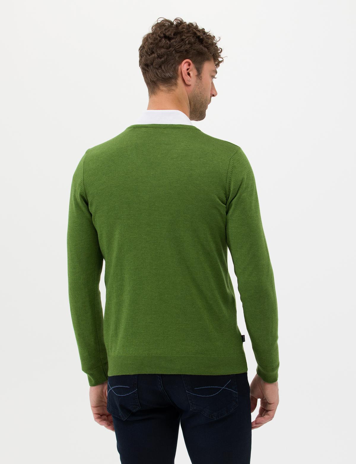 Yeşil Slim Fit V Yaka Basic Triko Kazak - 50276536057