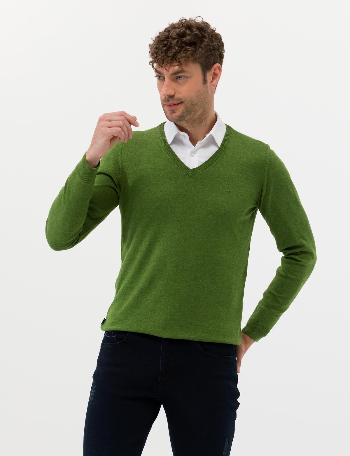 Yeşil Slim Fit V Yaka Basic Triko Kazak