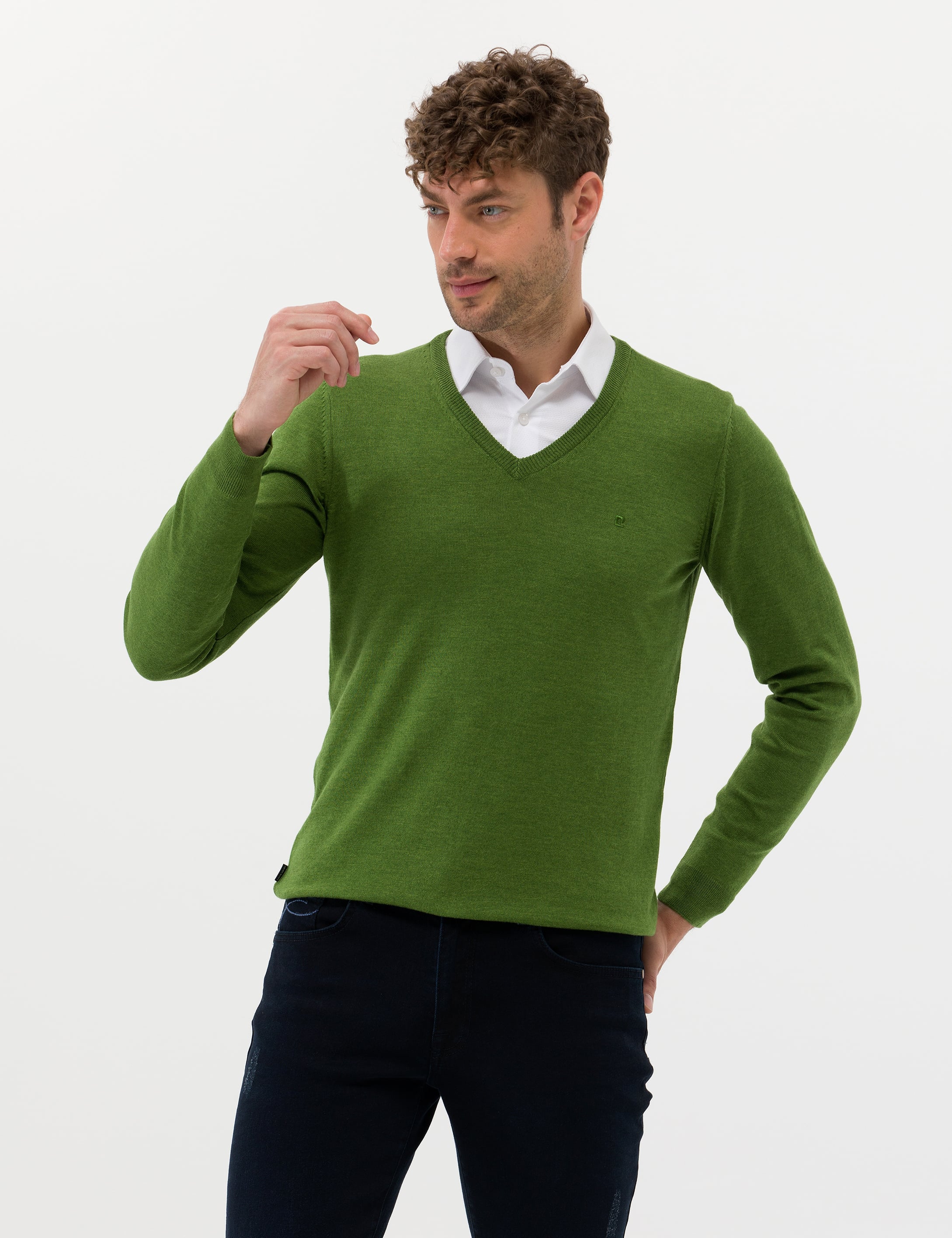 Yeşil Slim Fit V Yaka Basic Triko Kazak