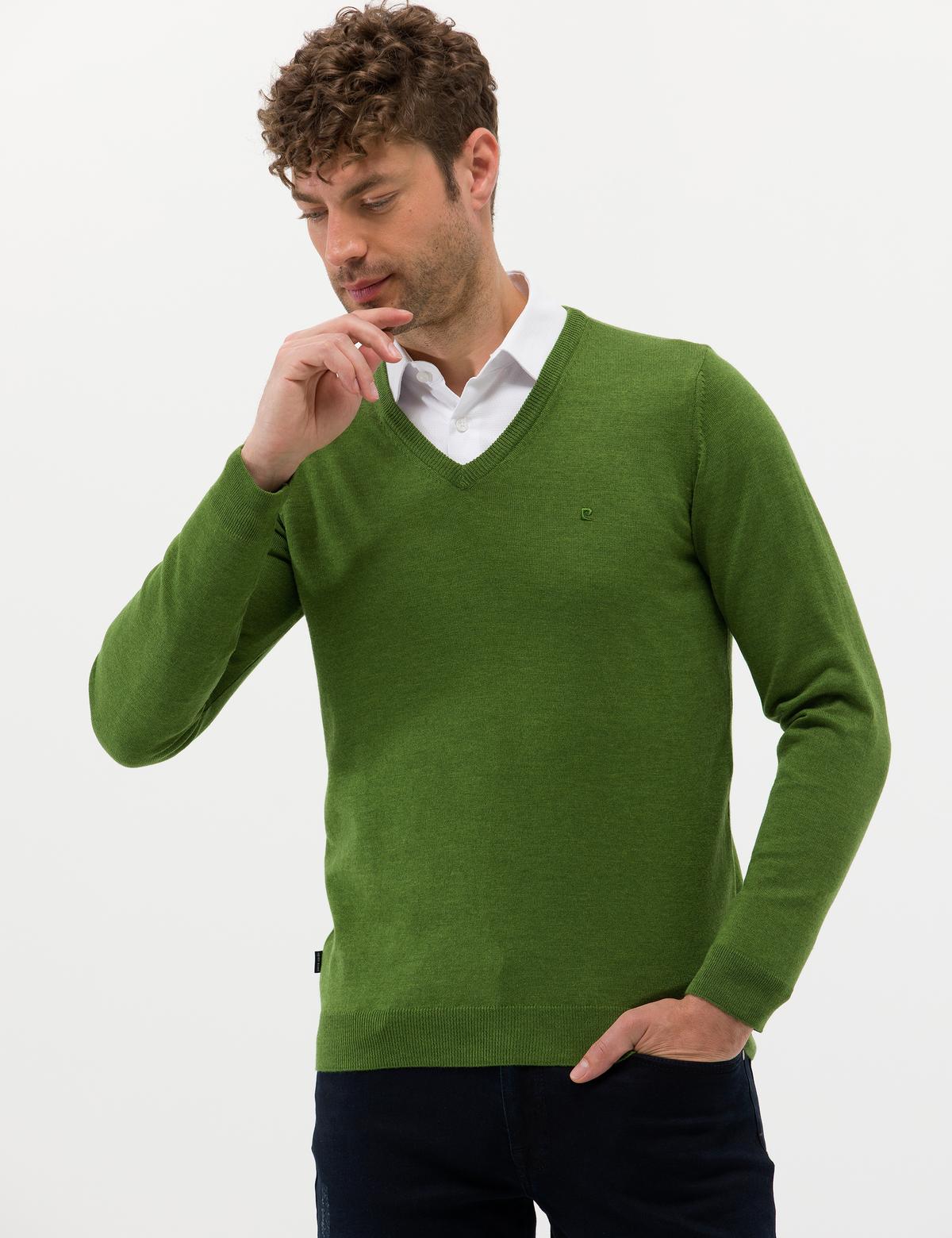 Yeşil Slim Fit V Yaka Basic Triko Kazak - 50276536057