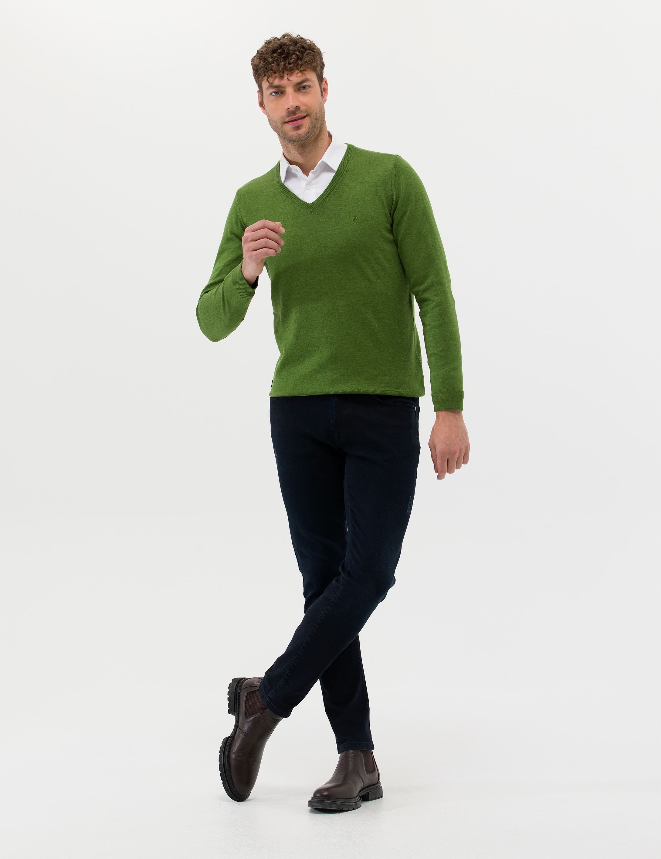 Yeşil Slim Fit V Yaka Basic Triko Kazak - Image 3