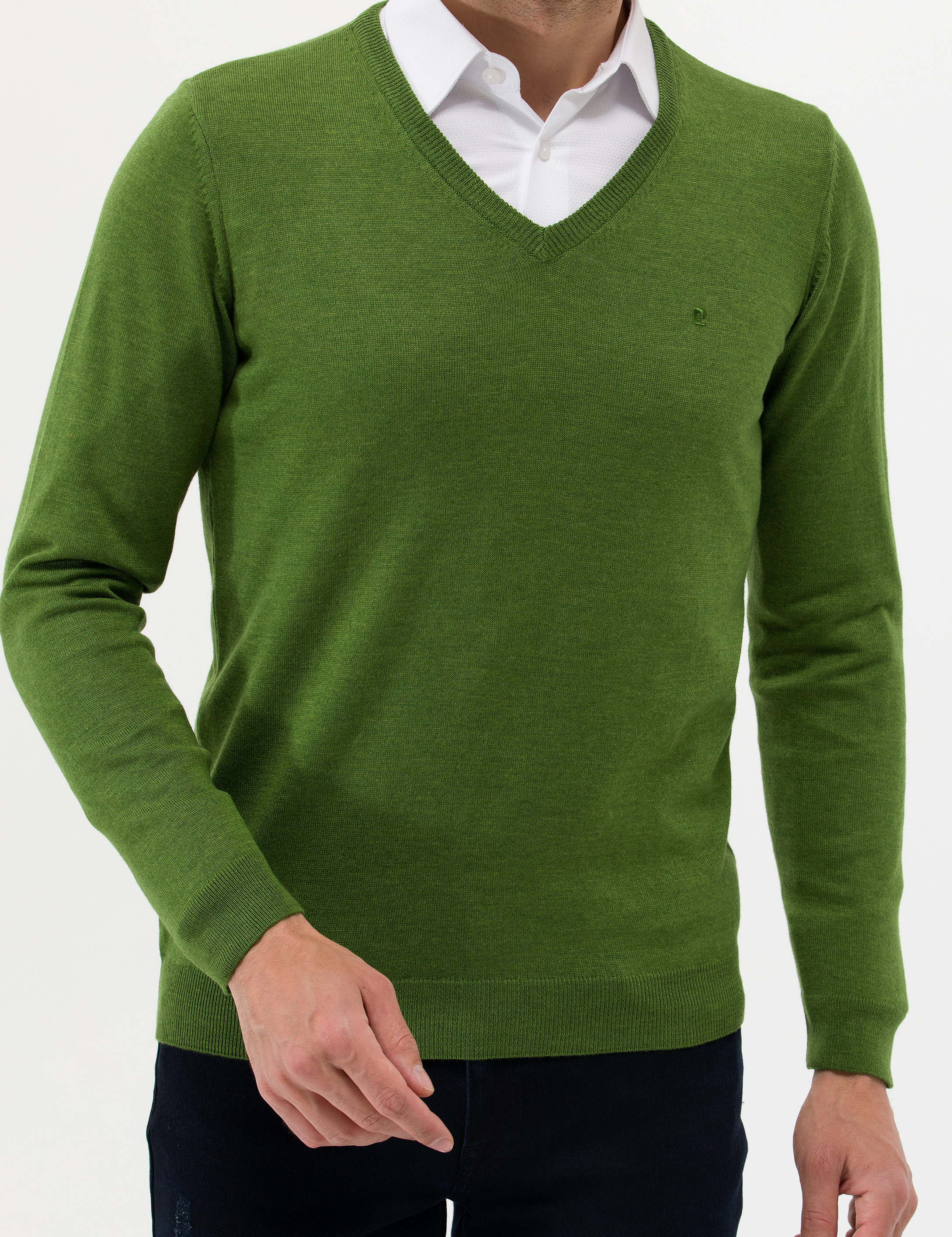 Yeşil Slim Fit V Yaka Basic Triko Kazak - Image 6
