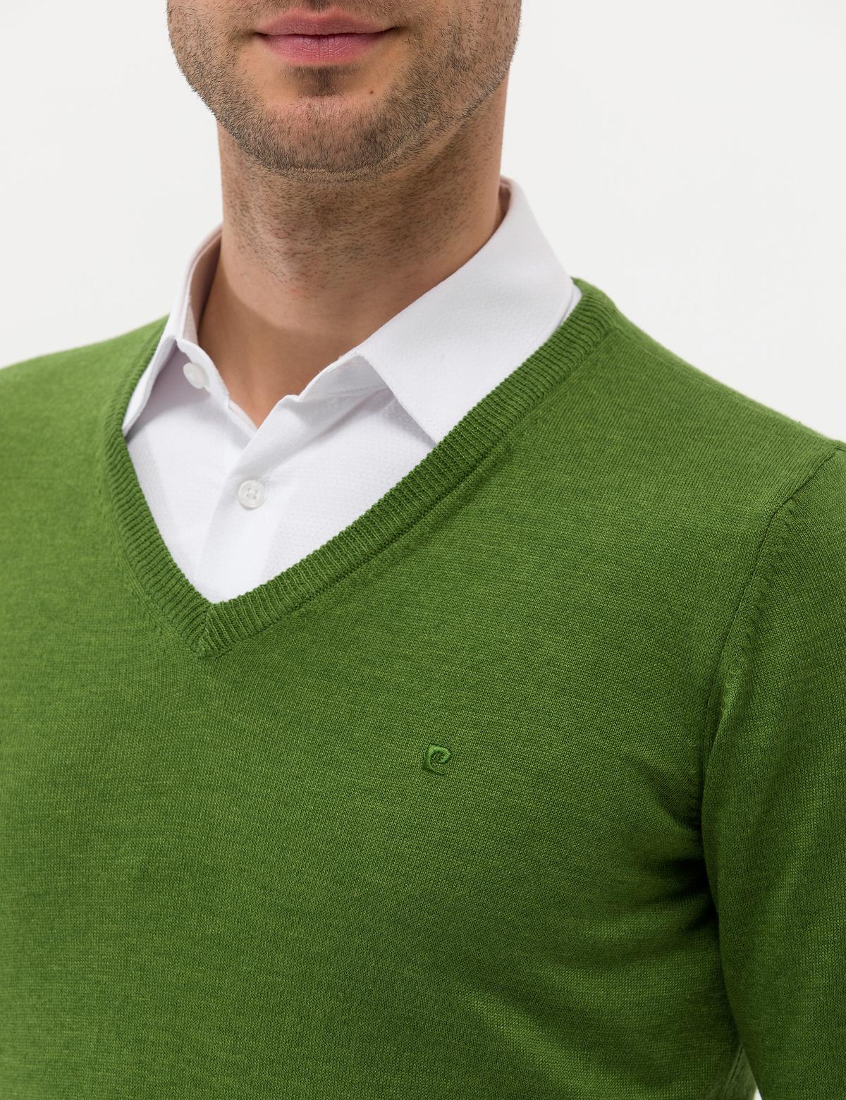 Yeşil Slim Fit V Yaka Basic Triko Kazak - 50276536057