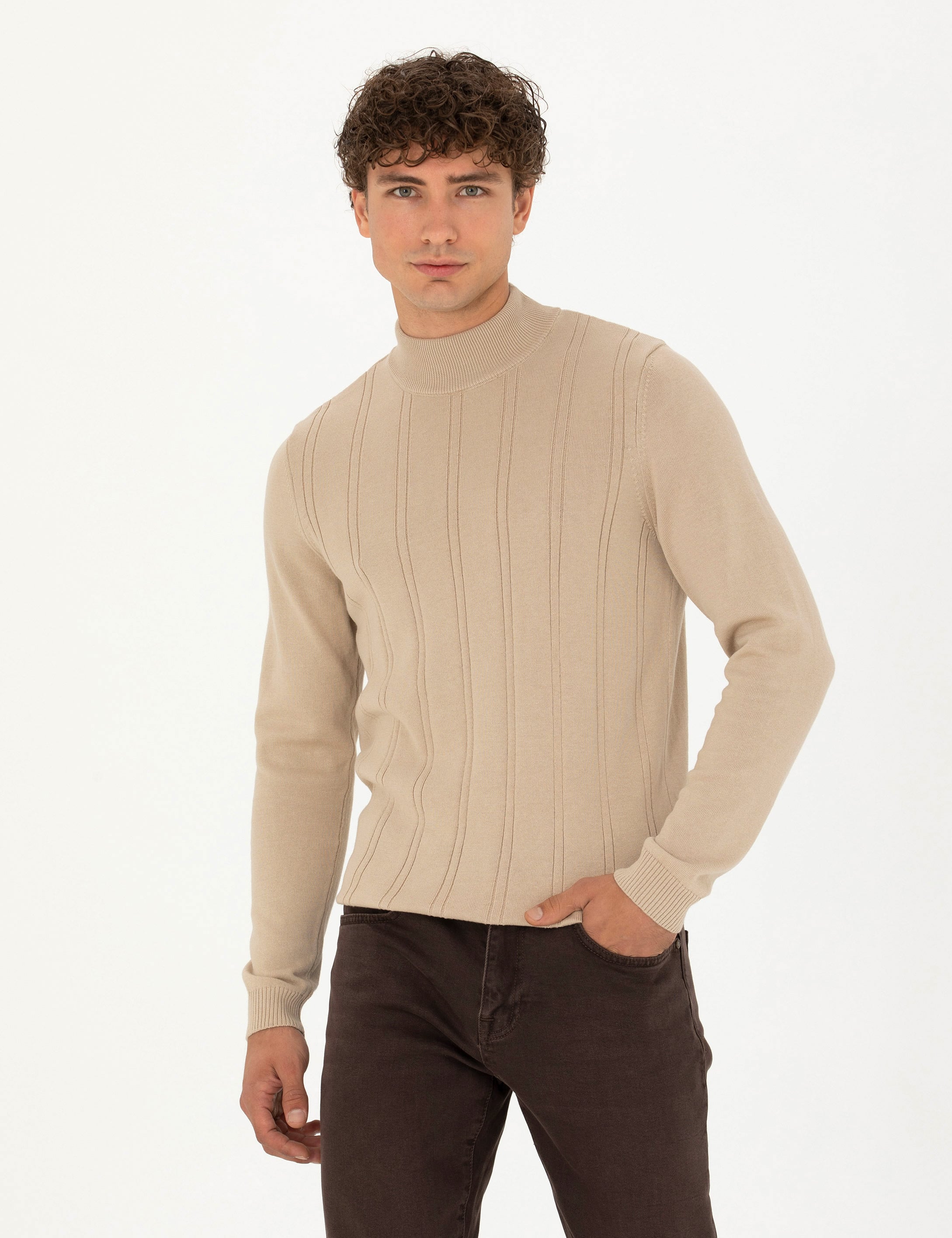 Bej Slim Fit Yarım Balıkçı Yaka Triko Kazak - Image 3