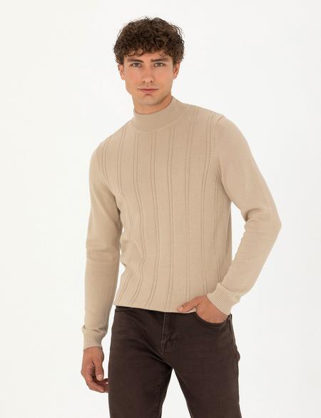 Bej Slim Fit Yarım Balıkçı Yaka Triko Kazak - 50281851006