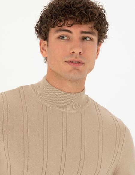 Bej Slim Fit Yarım Balıkçı Yaka Triko Kazak - 50281851006