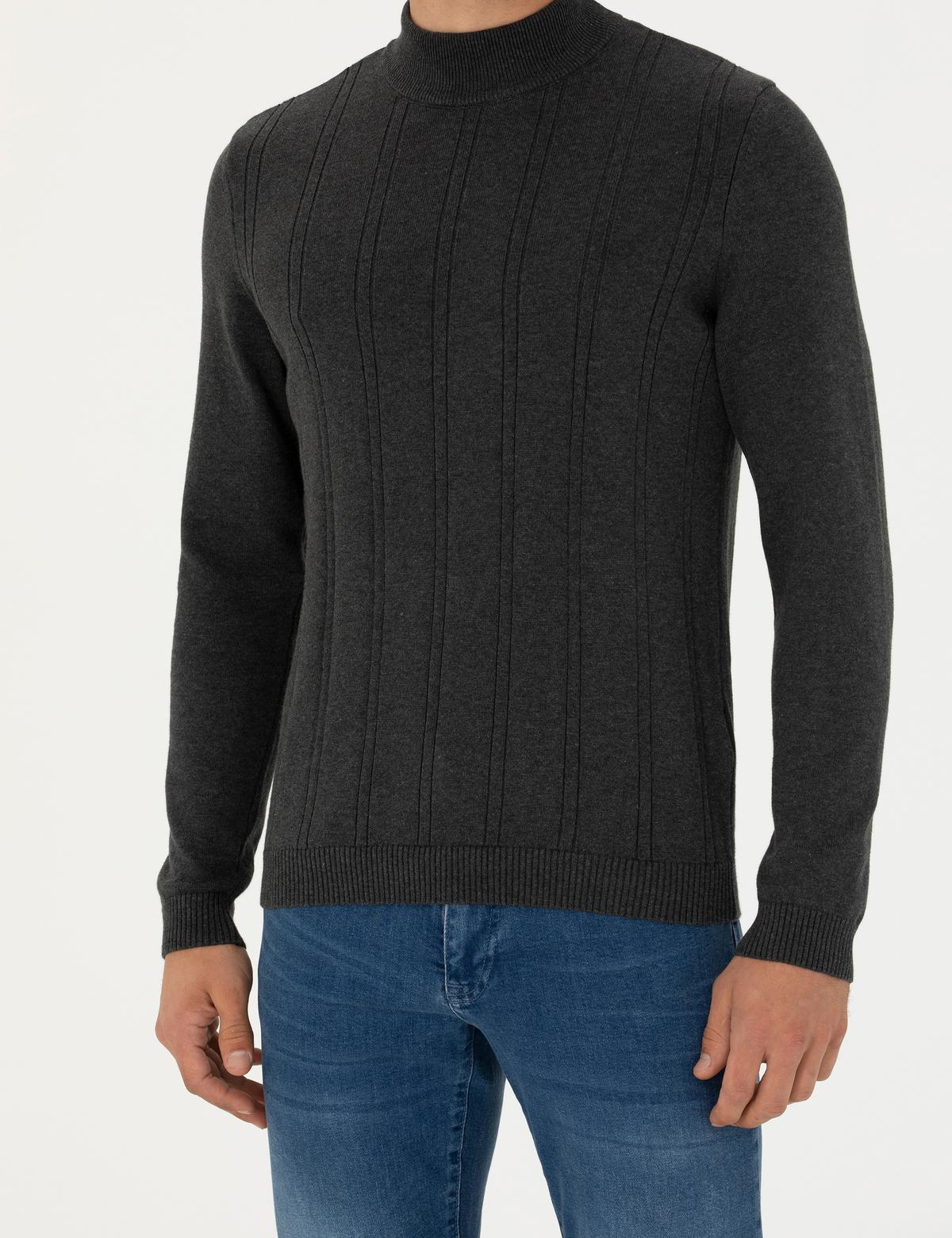 Antrasit Melanj Slim Fit Yarım Balıkçı Yaka Triko Kazak - 50281851041