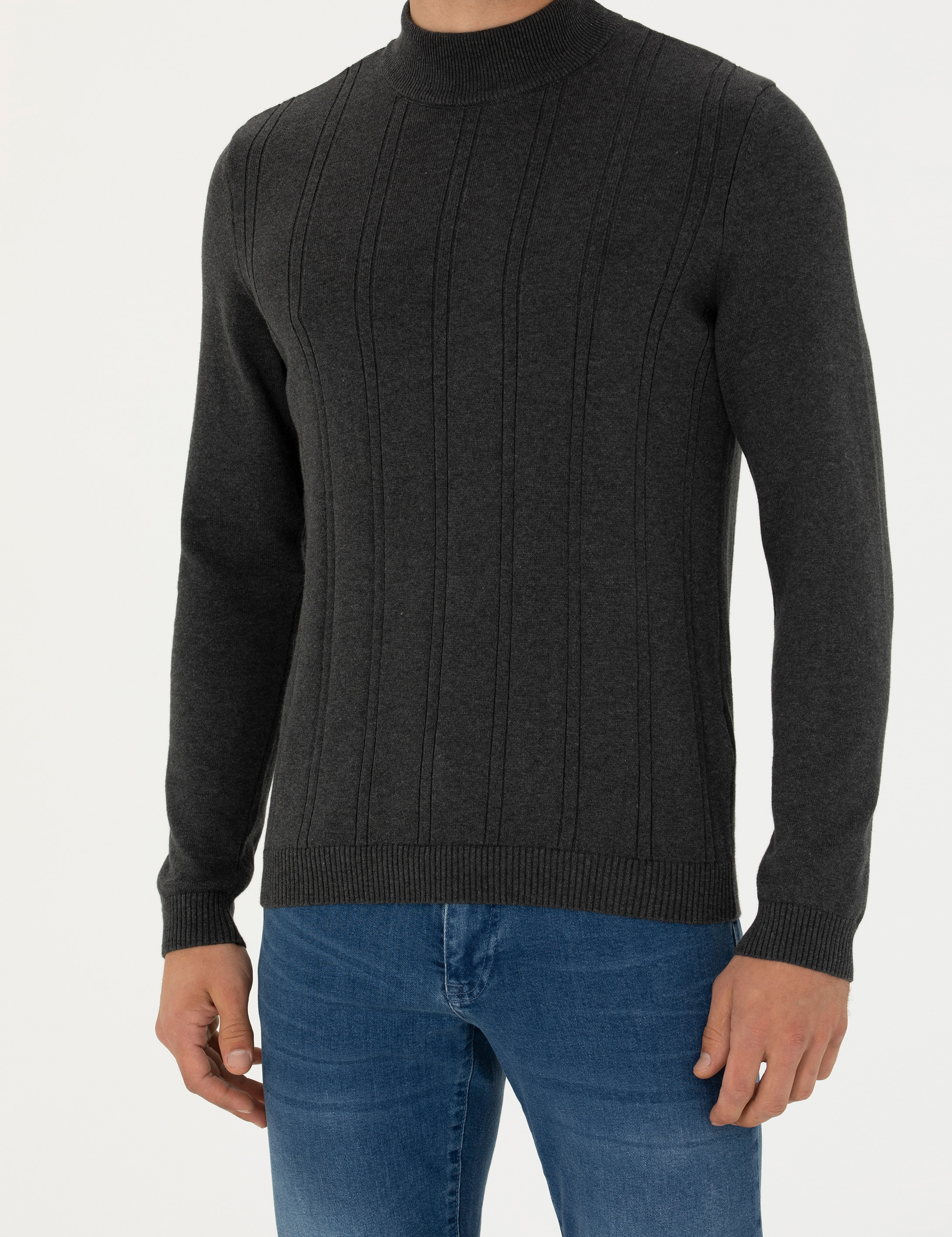 Antrasit Melanj Slim Fit Yarım Balıkçı Yaka Triko Kazak - Image 6