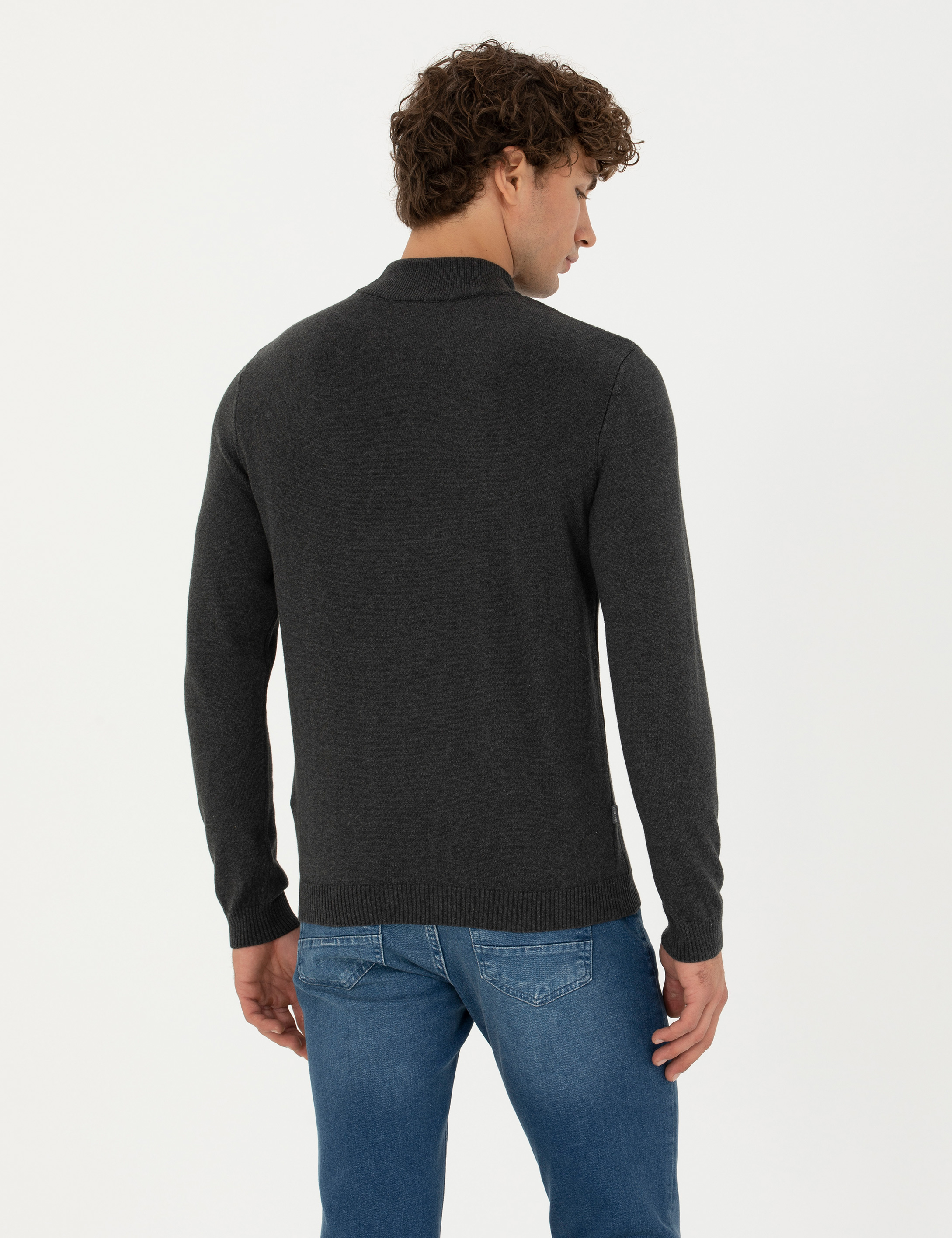 Antrasit Melanj Slim Fit Yarım Balıkçı Yaka Triko Kazak - Image 5
