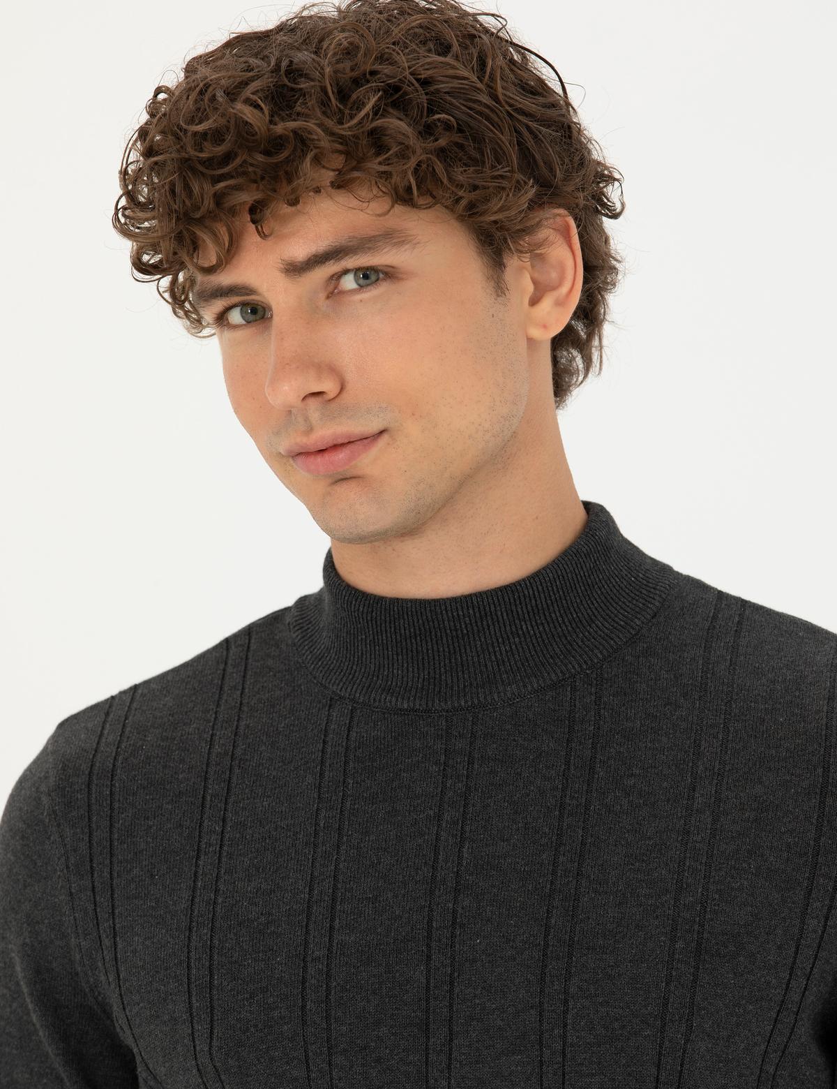 Antrasit Melanj Slim Fit Yarım Balıkçı Yaka Triko Kazak - 50281851041