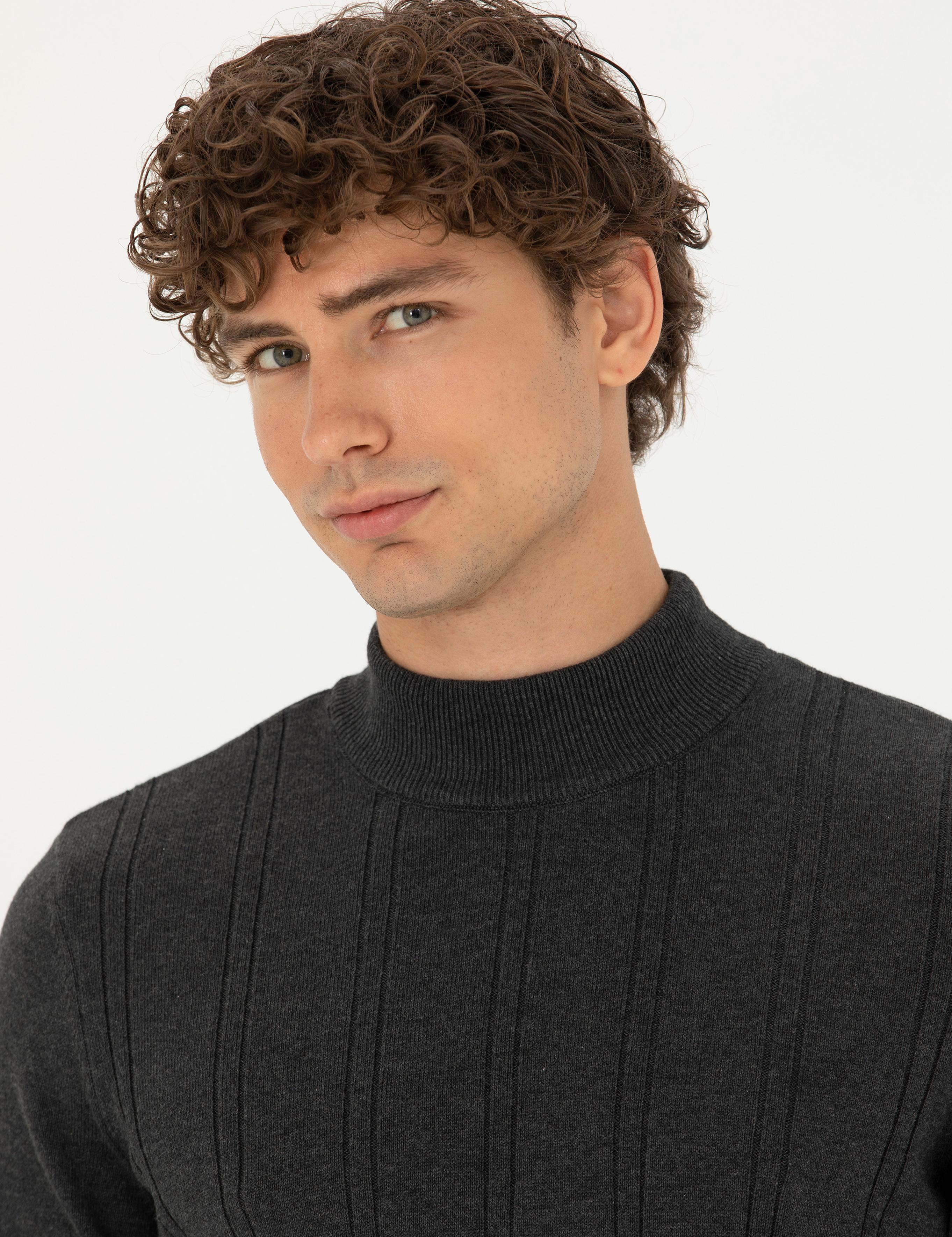 Antrasit Melanj Slim Fit Yarım Balıkçı Yaka Triko Kazak