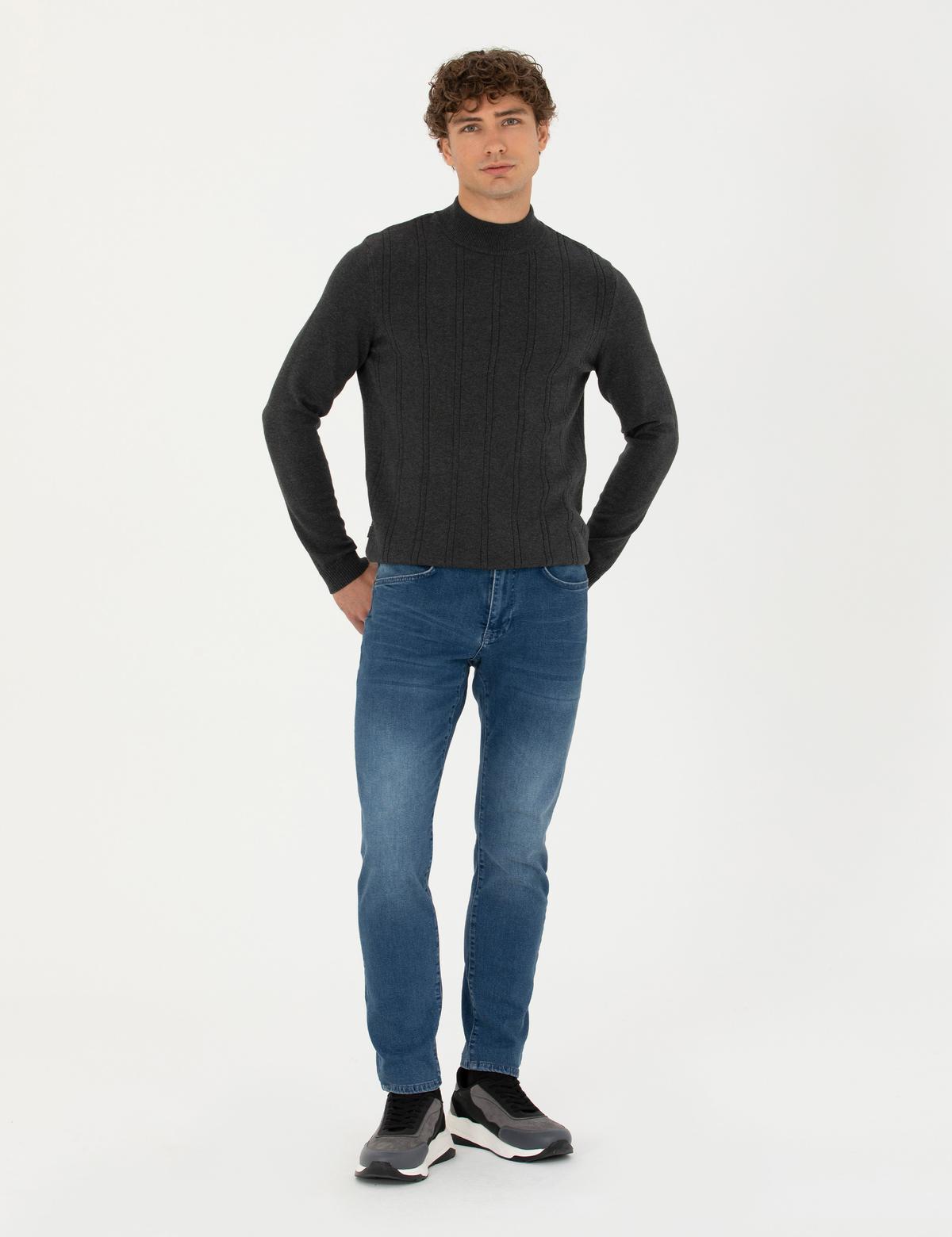 Antrasit Melanj Slim Fit Yarım Balıkçı Yaka Triko Kazak - 50281851041