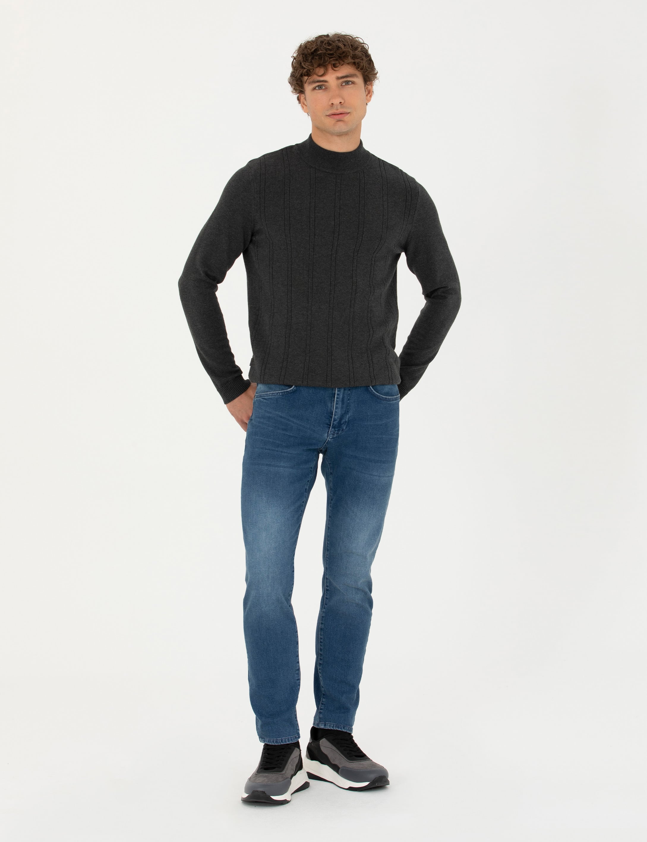 Antrasit Melanj Slim Fit Yarım Balıkçı Yaka Triko Kazak - Image 4
