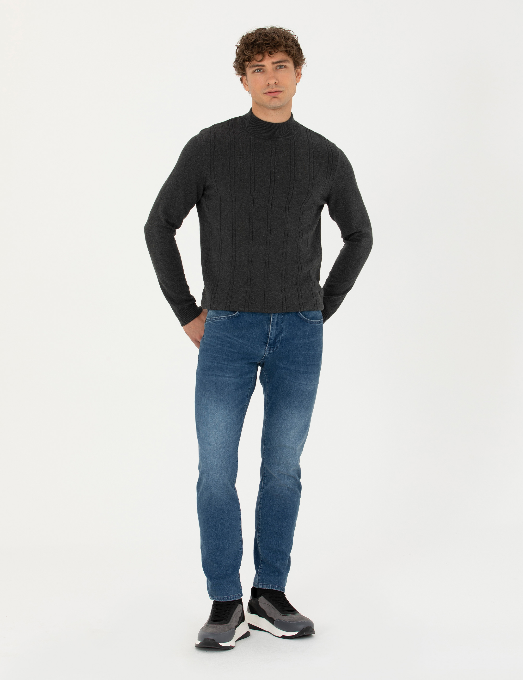 Antrasit Melanj Slim Fit Yarım Balıkçı Yaka Triko Kazak