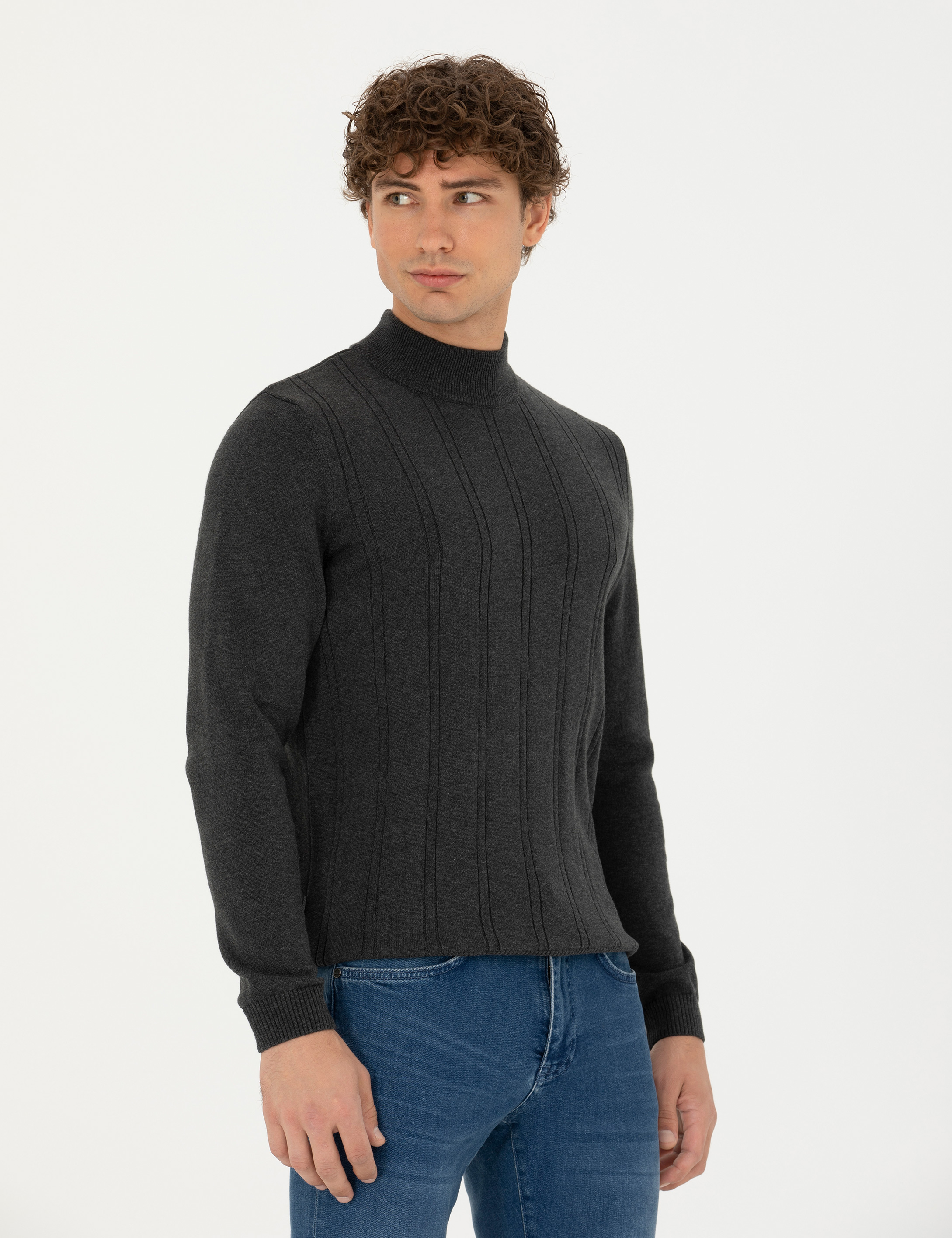Antrasit Melanj Slim Fit Yarım Balıkçı Yaka Triko Kazak - Image 3