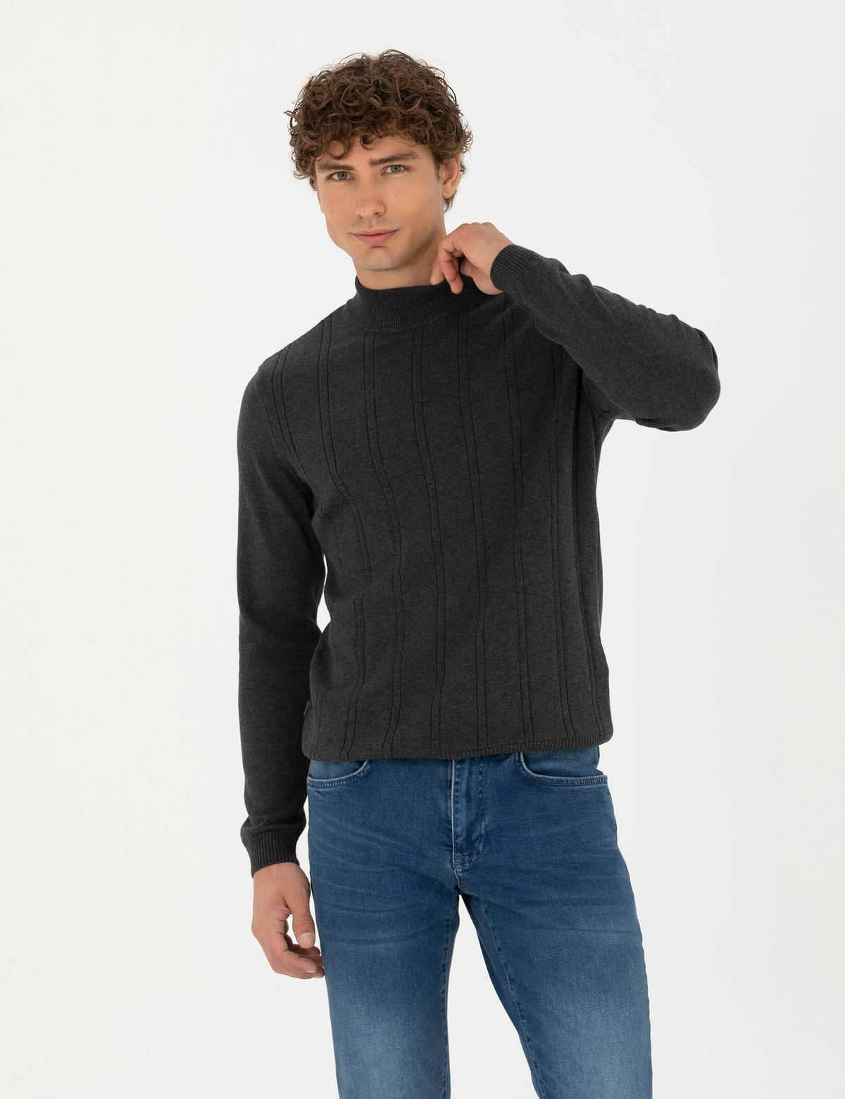 Antrasit Melanj Slim Fit Yarım Balıkçı Yaka Triko Kazak