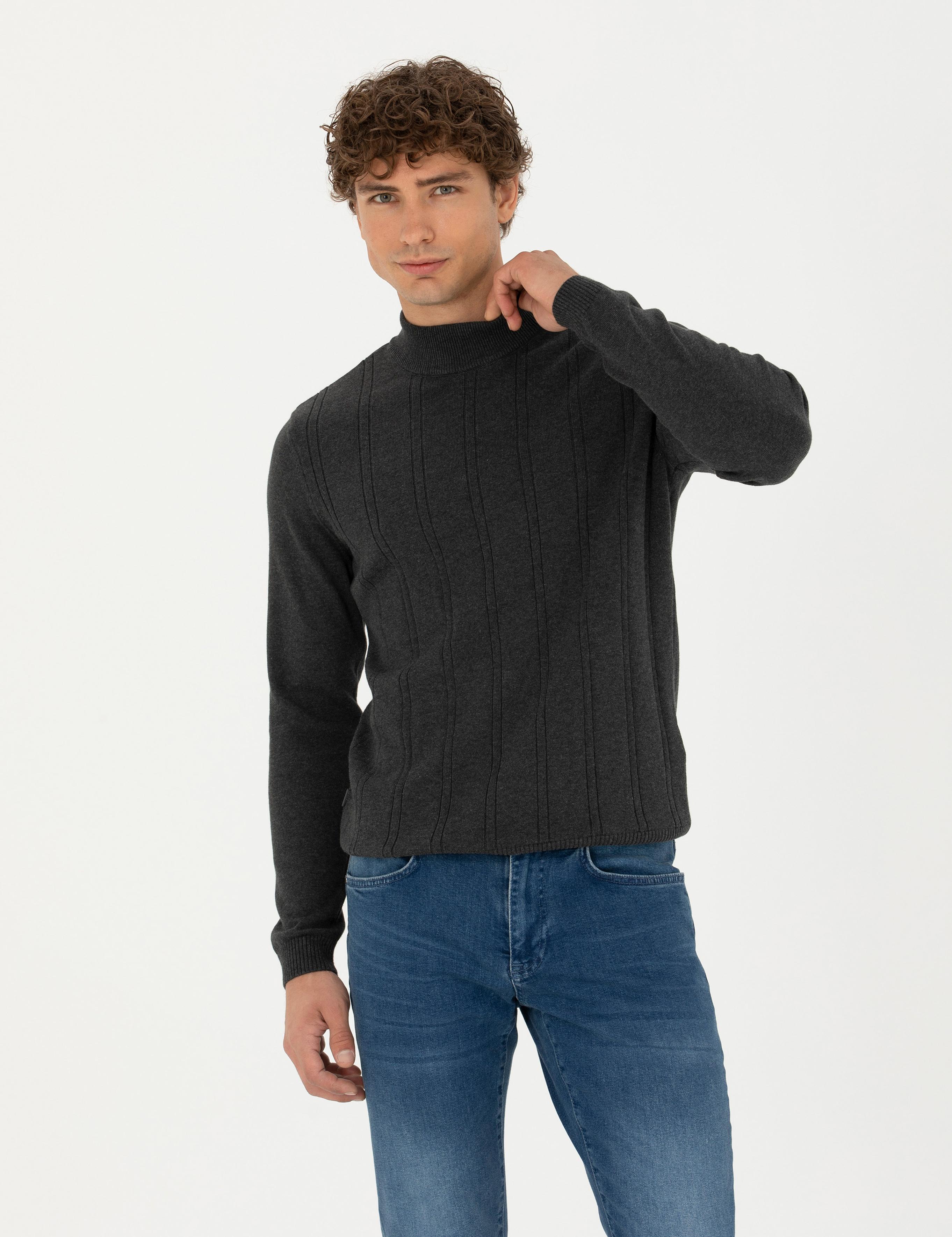 Antrasit Melanj Slim Fit Yarım Balıkçı Yaka Triko Kazak