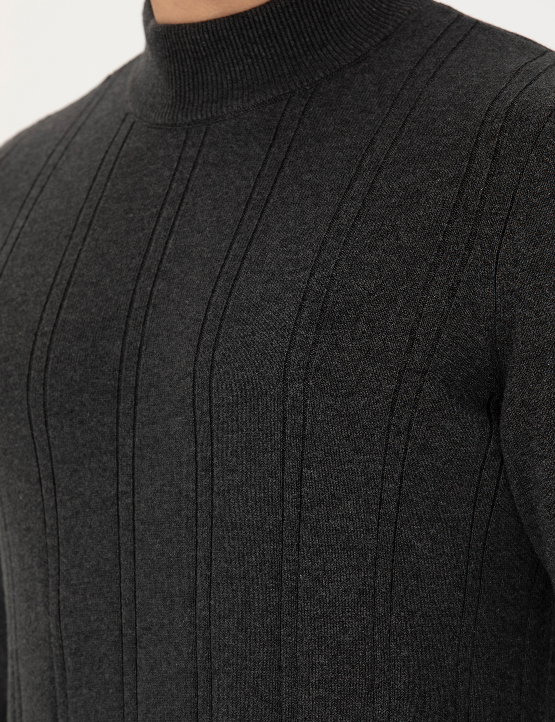 Antrasit Melanj Slim Fit Yarım Balıkçı Yaka Triko Kazak - Image 7