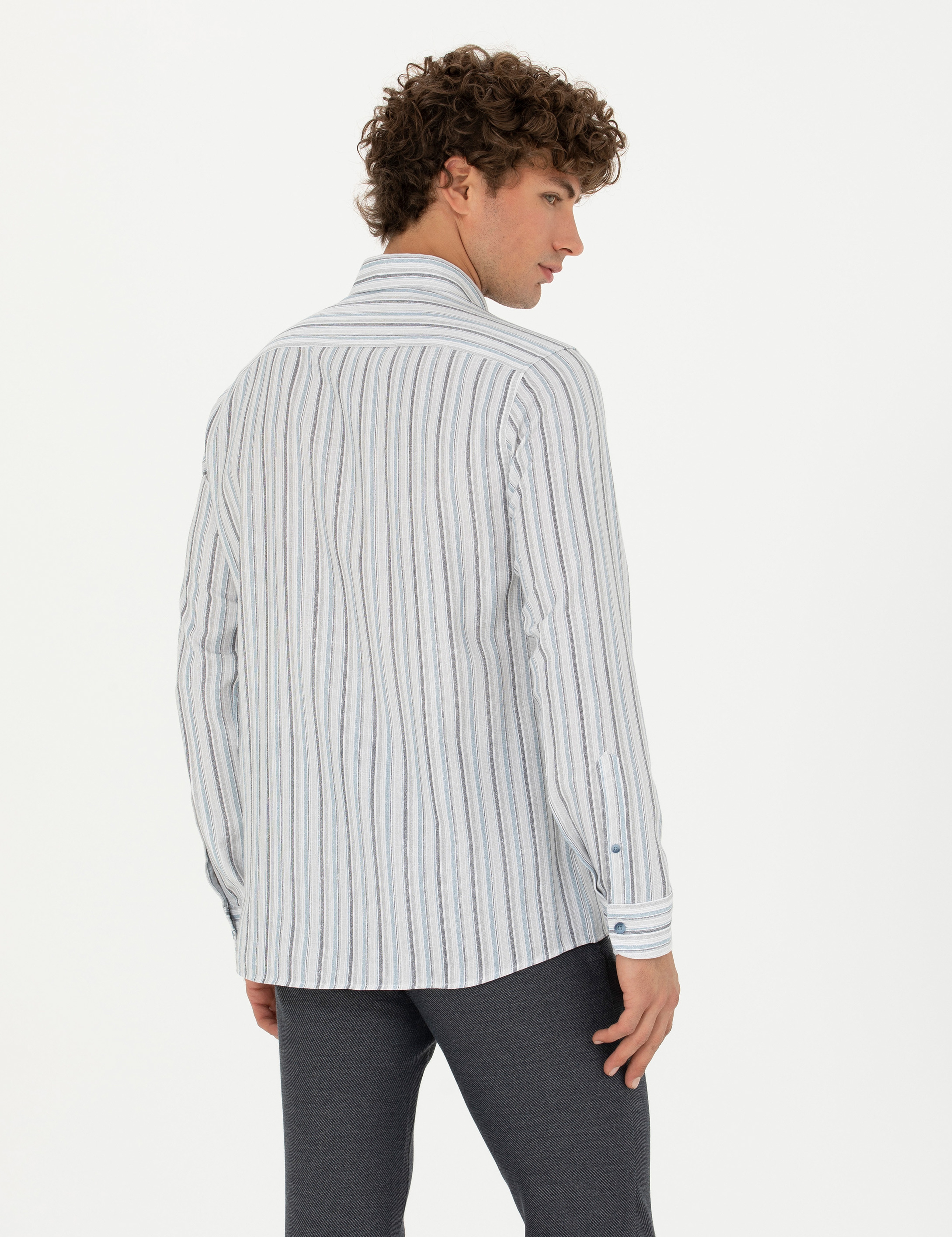Mavi Slim Fit Uzun Kollu Gömlek - Image 5