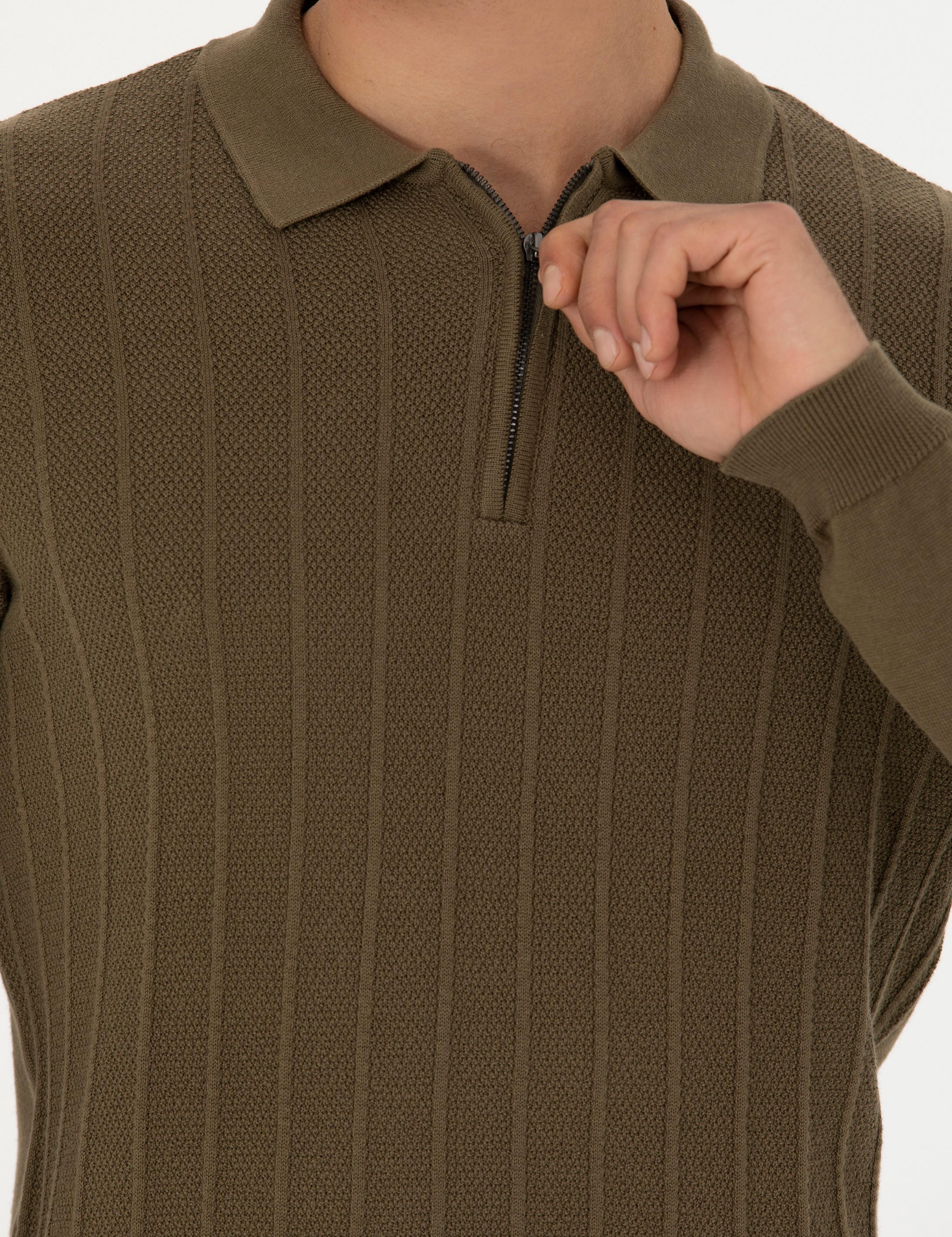 Koyu Haki Slim Fit Fermuarlı Polo Yaka Triko Kazak