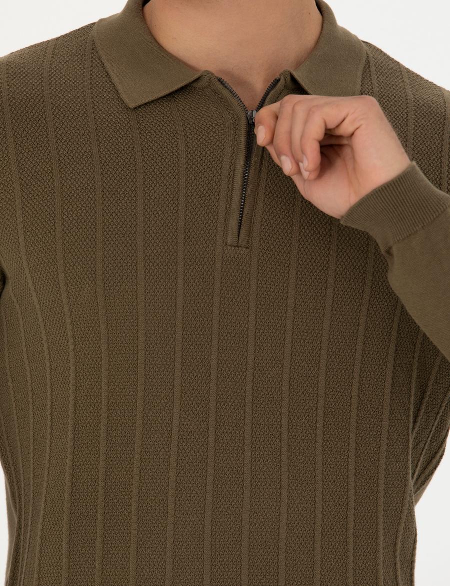 Koyu Haki Slim Fit Fermuarlı Polo Yaka Triko Kazak