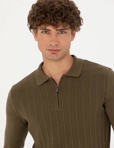Koyu Haki Slim Fit Fermuarlı Polo Yaka Triko Kazak