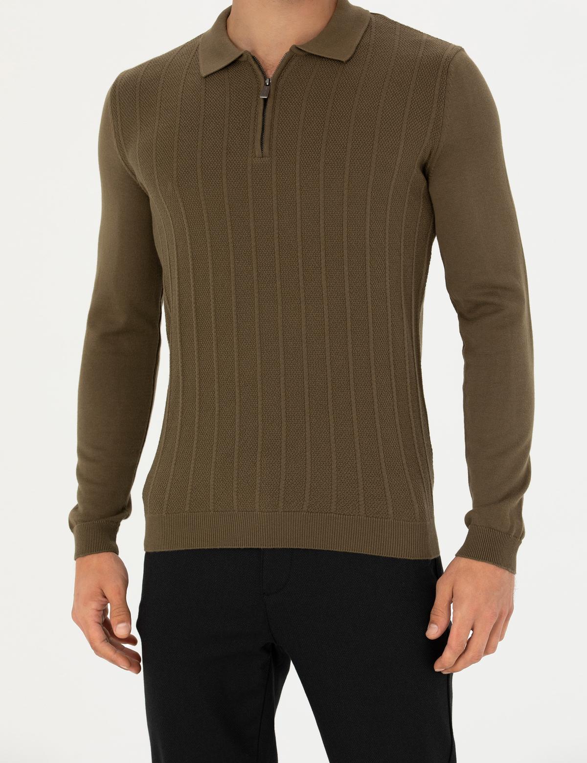 Koyu Haki Slim Fit Fermuarlı Polo Yaka Triko Kazak - 50278088003
