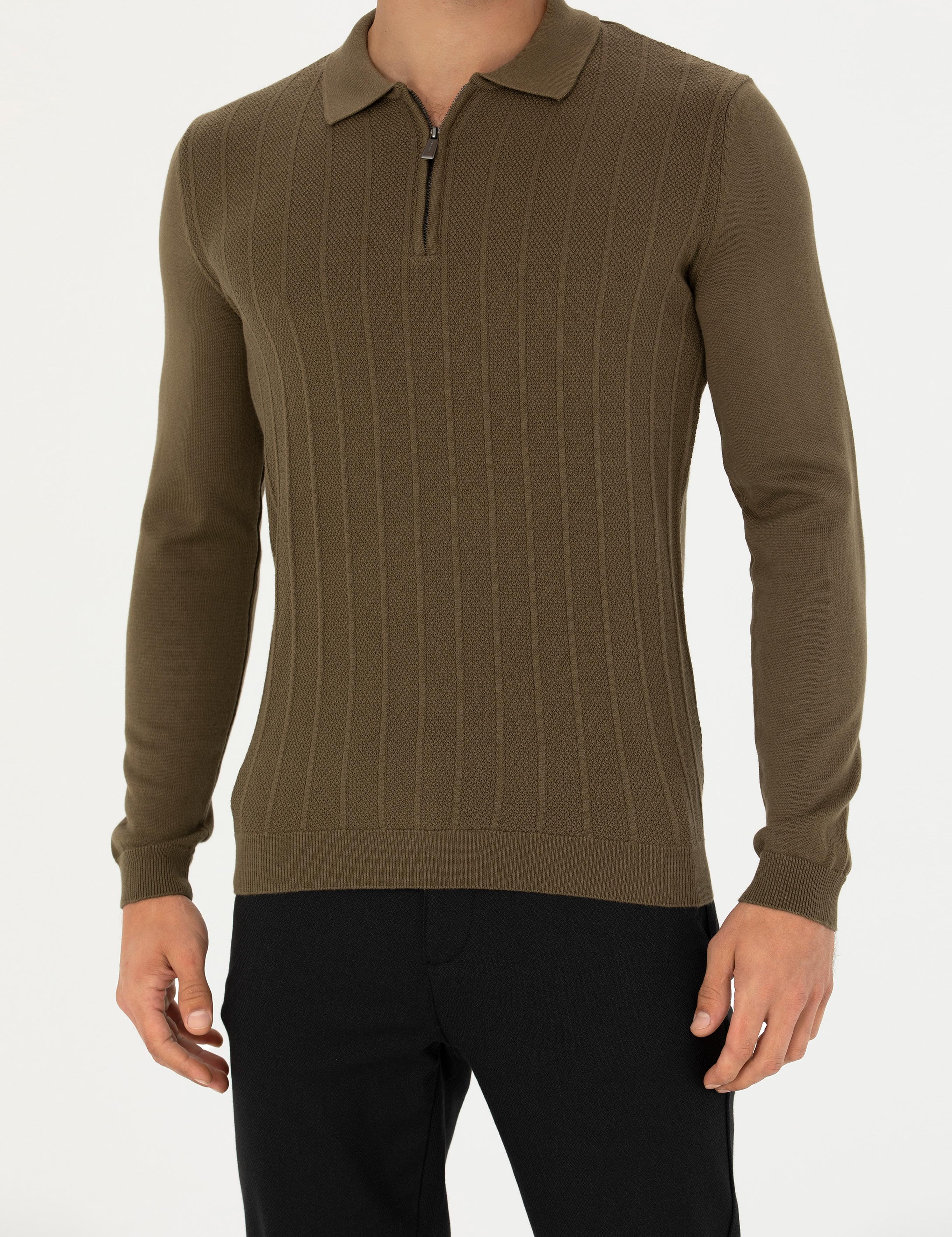 Koyu Haki Slim Fit Fermuarlı Polo Yaka Triko Kazak