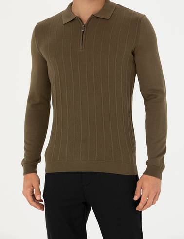 Koyu Haki Slim Fit Fermuarlı Polo Yaka Triko Kazak