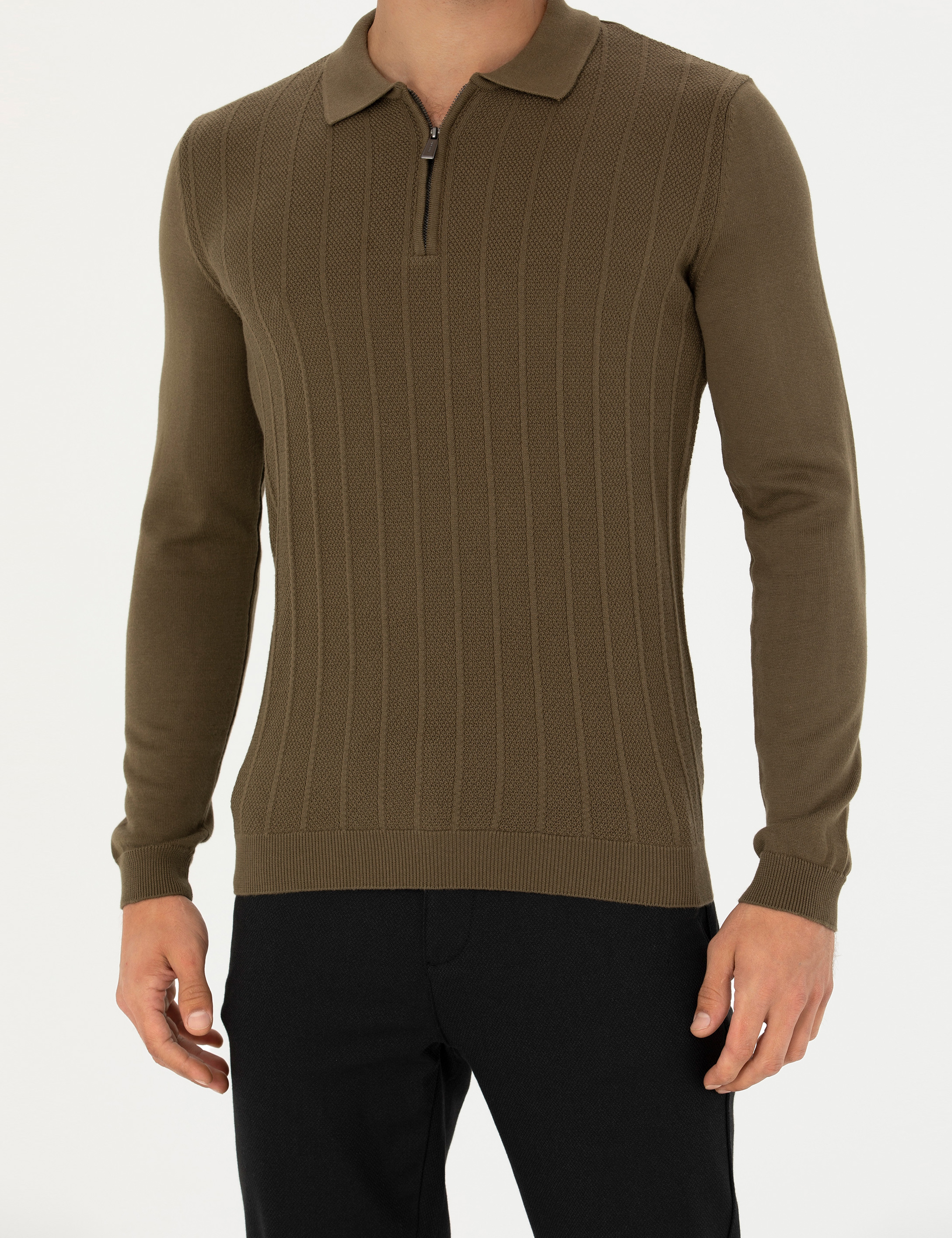 Koyu Haki Slim Fit Fermuarlı Polo Yaka Triko Kazak - Image 6