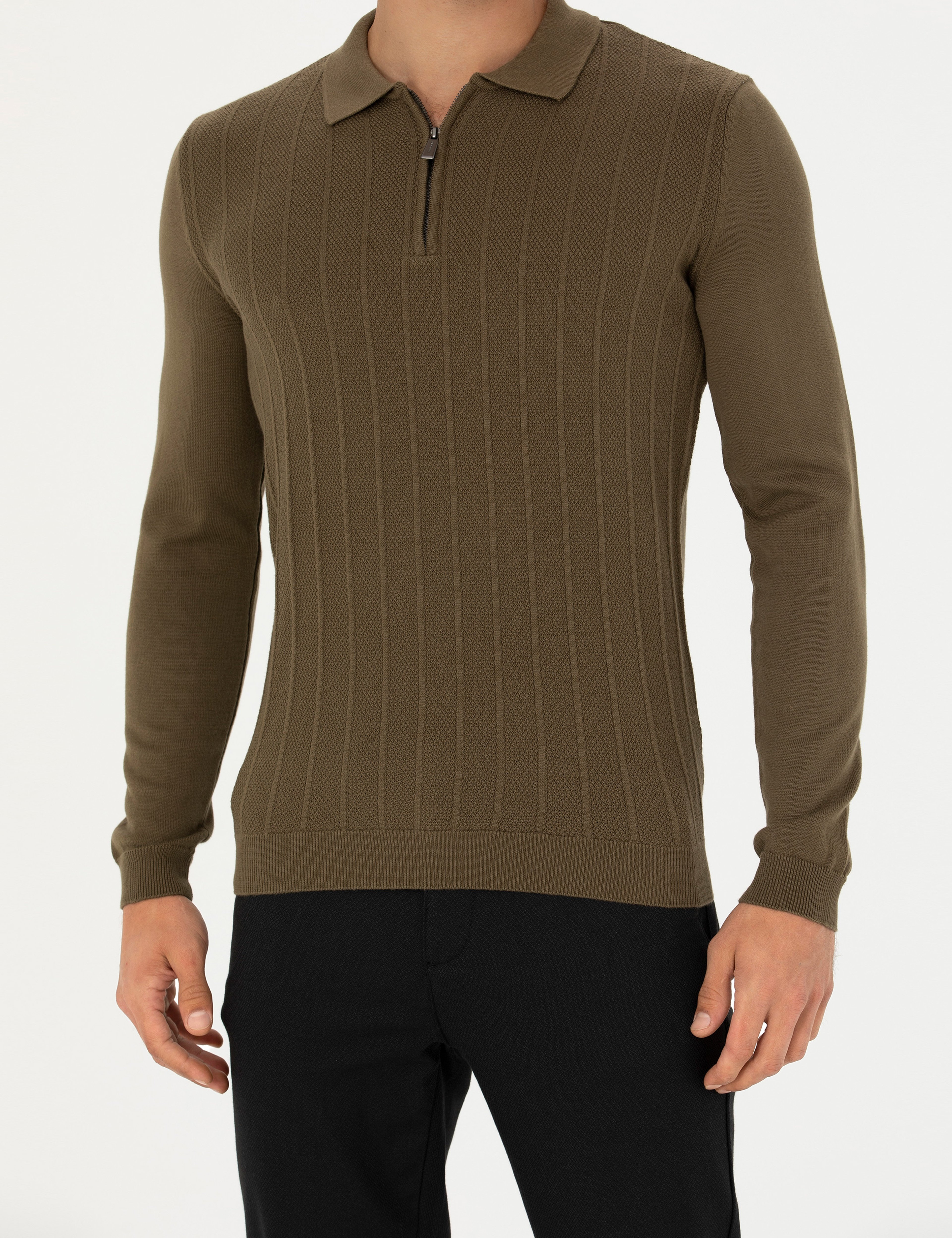 Koyu Haki Slim Fit Fermuarlı Polo Yaka Triko Kazak