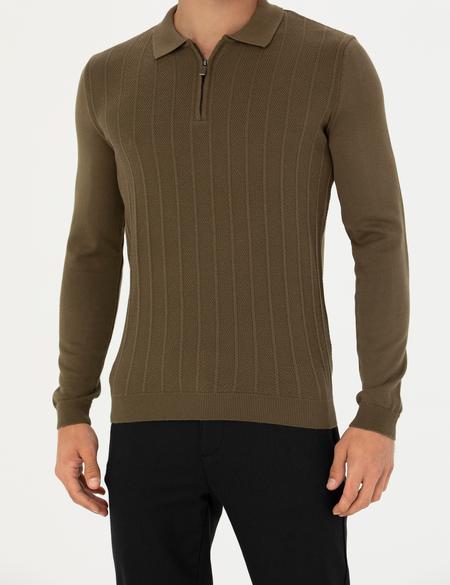 Koyu Haki Slim Fit Fermuarlı Polo Yaka Triko Kazak - 50278088003