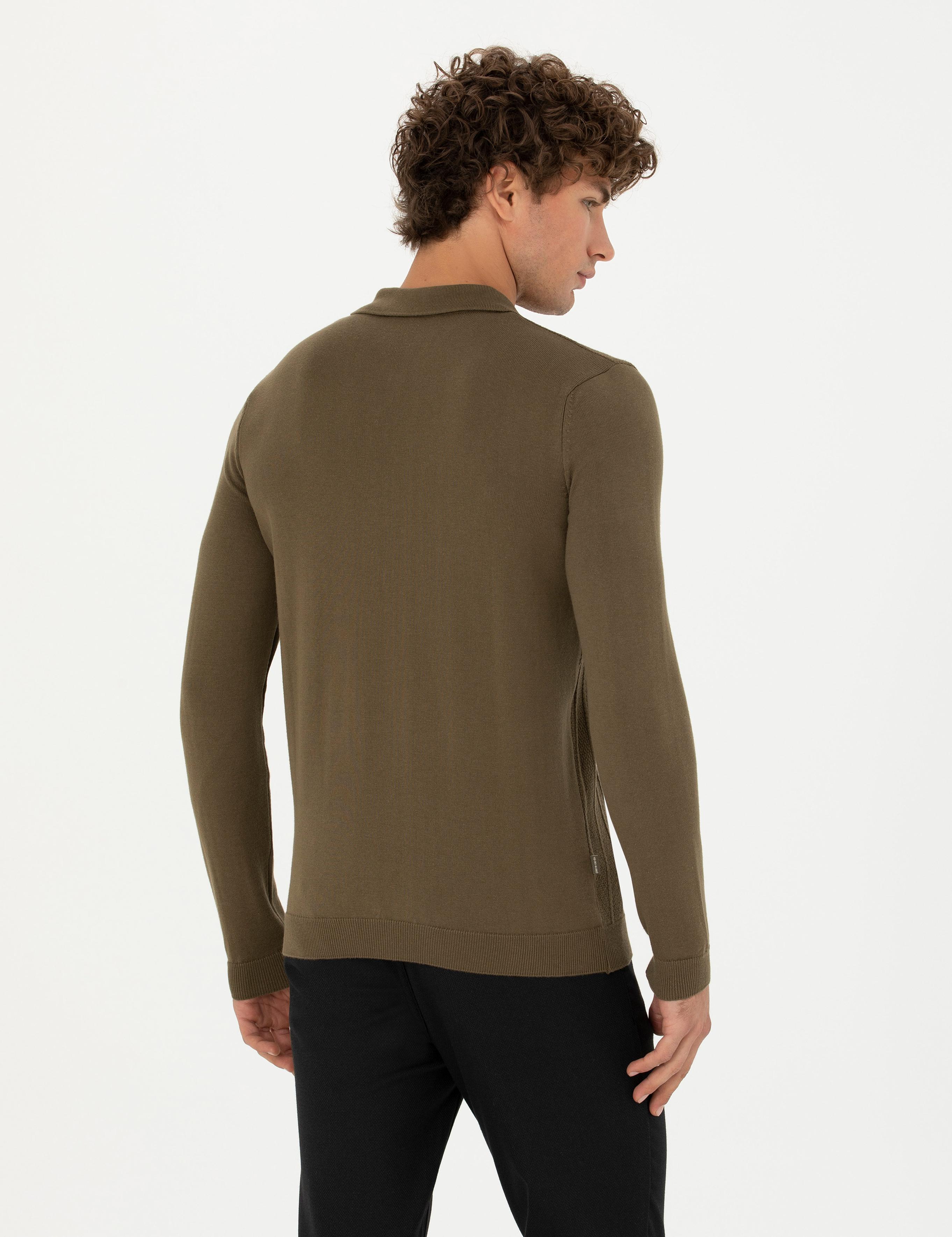 Koyu Haki Slim Fit Fermuarlı Polo Yaka Triko Kazak