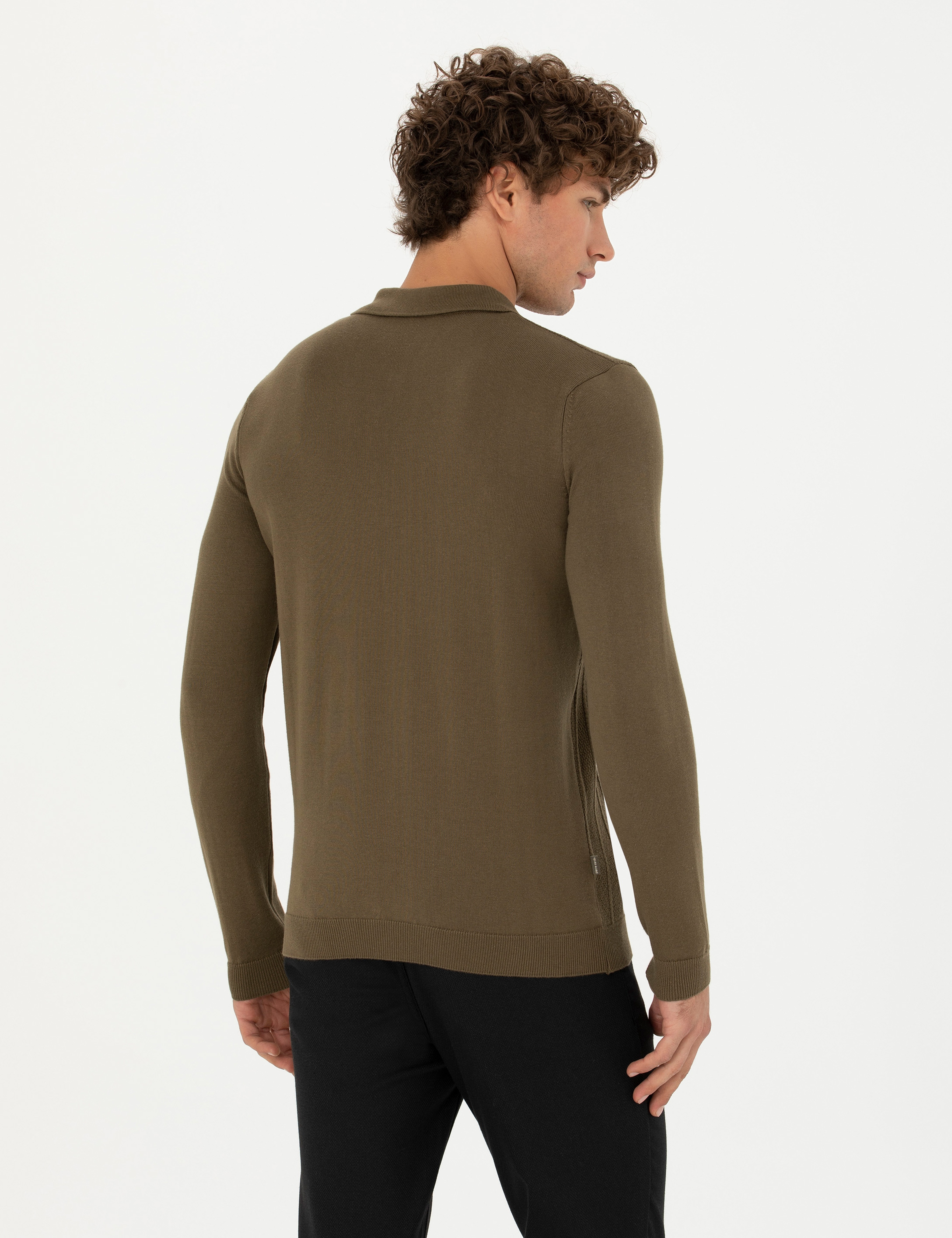 Koyu Haki Slim Fit Fermuarlı Polo Yaka Triko Kazak - Image 5