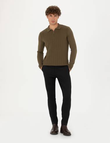 Koyu Haki Slim Fit Fermuarlı Polo Yaka Triko Kazak
