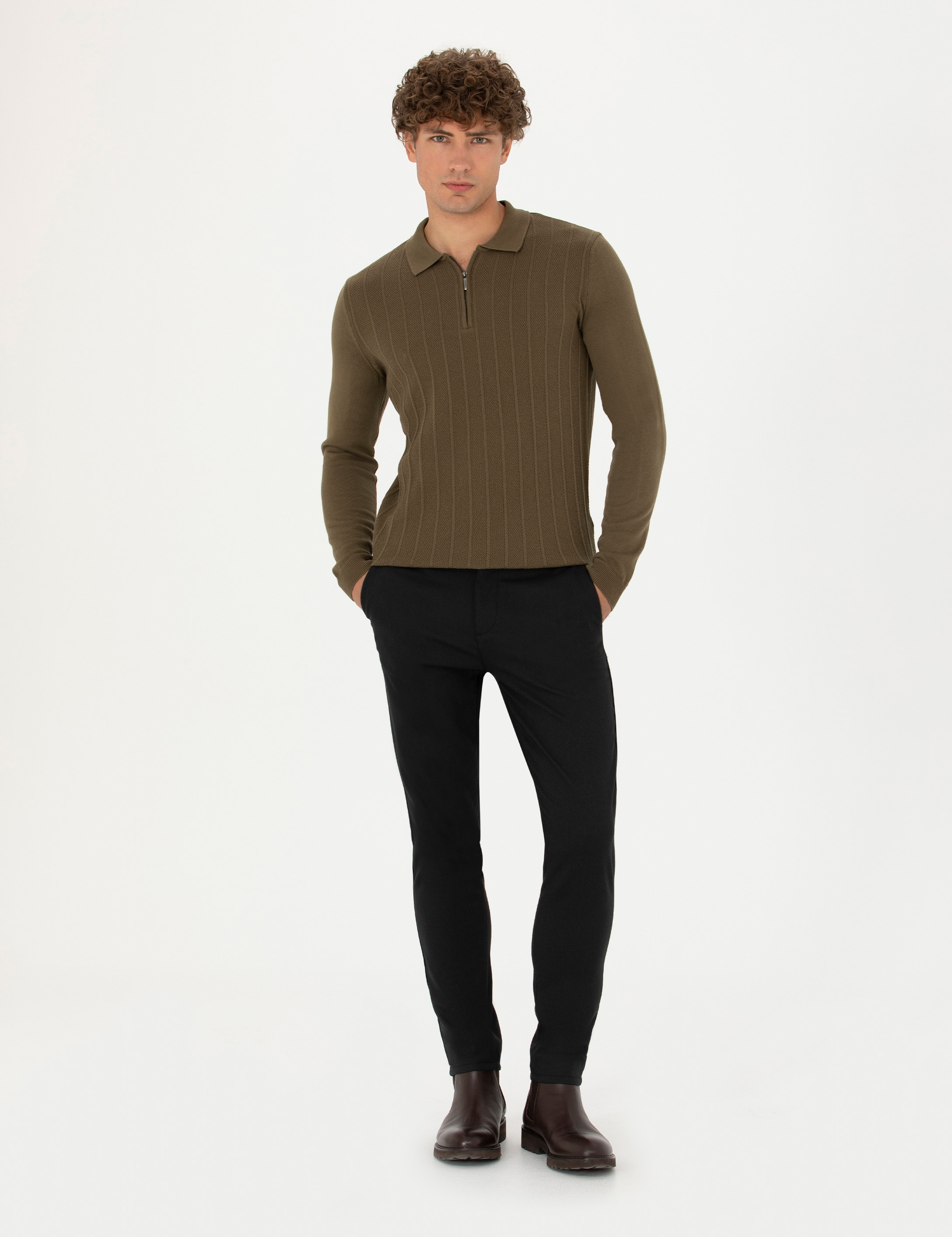 Koyu Haki Slim Fit Fermuarlı Polo Yaka Triko Kazak