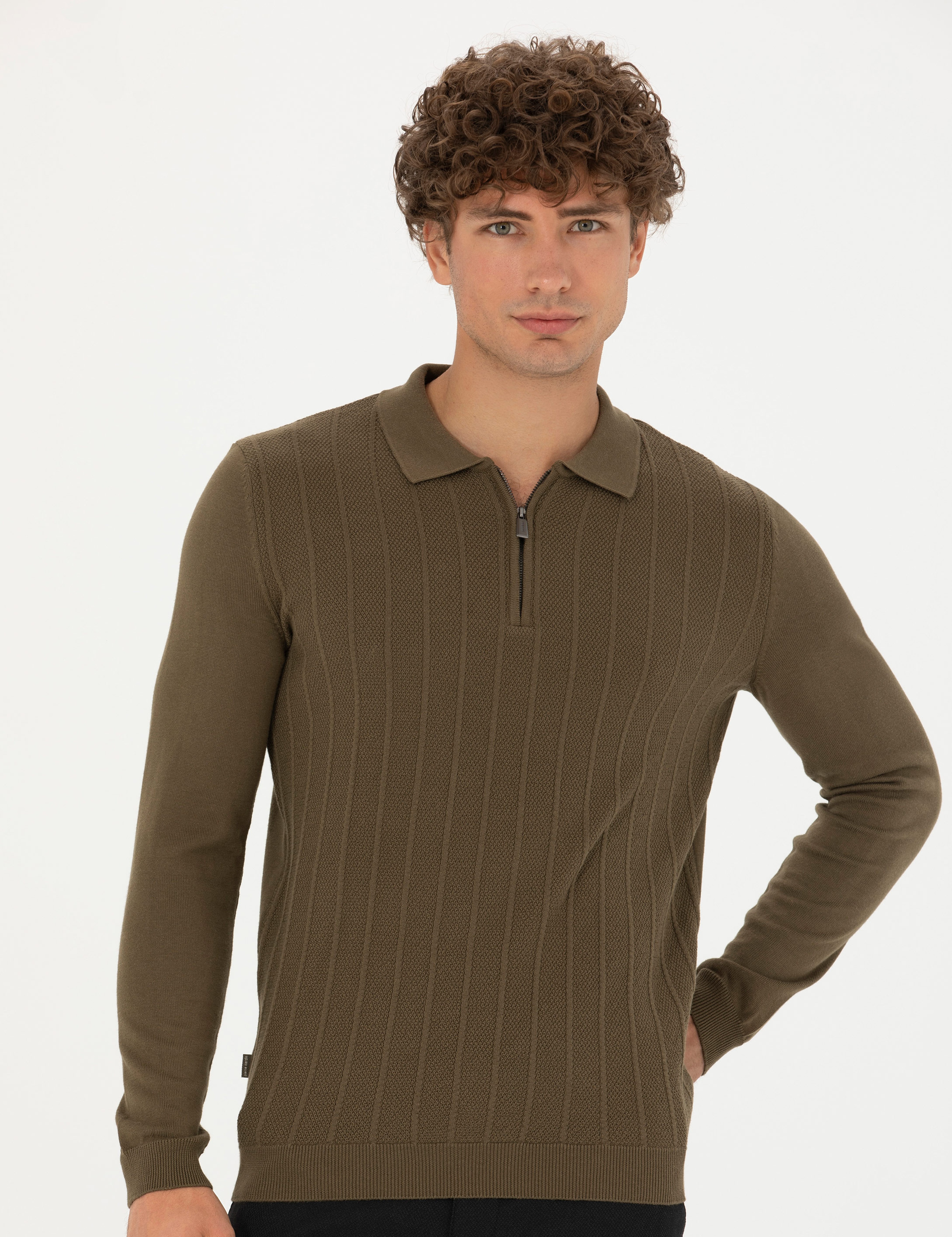 Koyu Haki Slim Fit Fermuarlı Polo Yaka Triko Kazak - Image 1