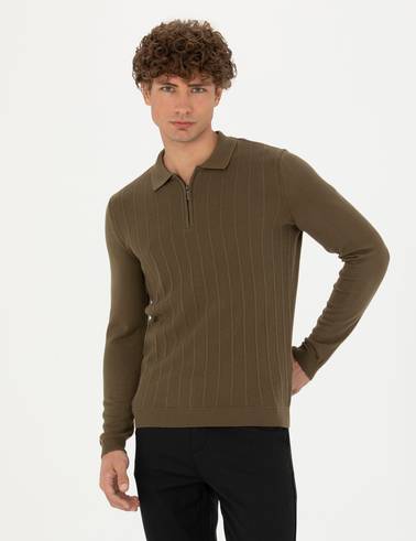 Koyu Haki Slim Fit Fermuarlı Polo Yaka Triko Kazak