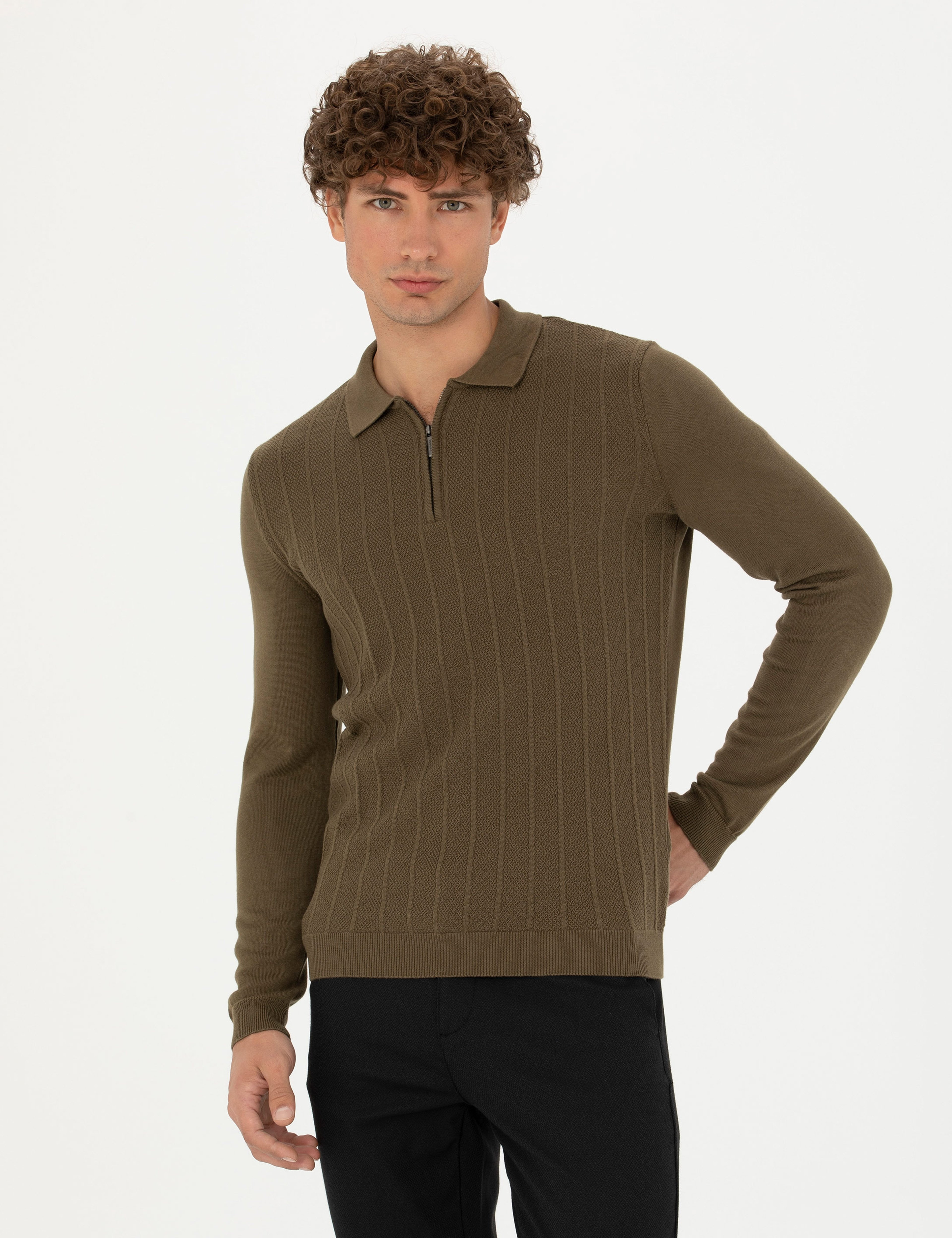 Koyu Haki Slim Fit Fermuarlı Polo Yaka Triko Kazak