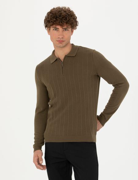 Koyu Haki Slim Fit Fermuarlı Polo Yaka Triko Kazak - 50278088003
