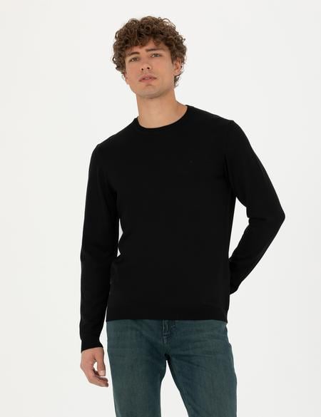 Siyah Slim Fit Bisiklet Yaka Yün Karışımlı Basic Triko Kazak - 50270054041