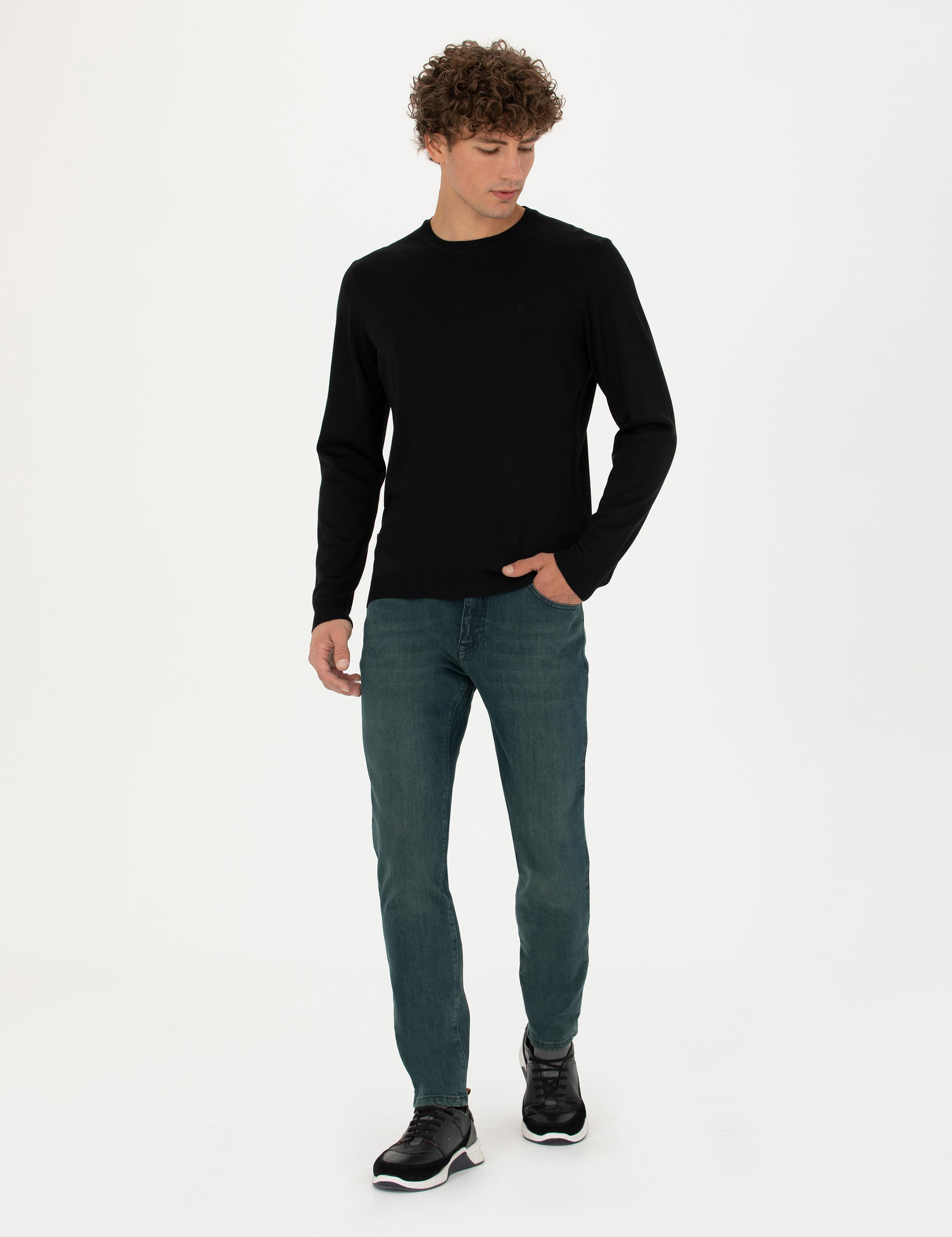 Siyah Slim Fit Bisiklet Yaka Yün Karışımlı Basic Triko Kazak