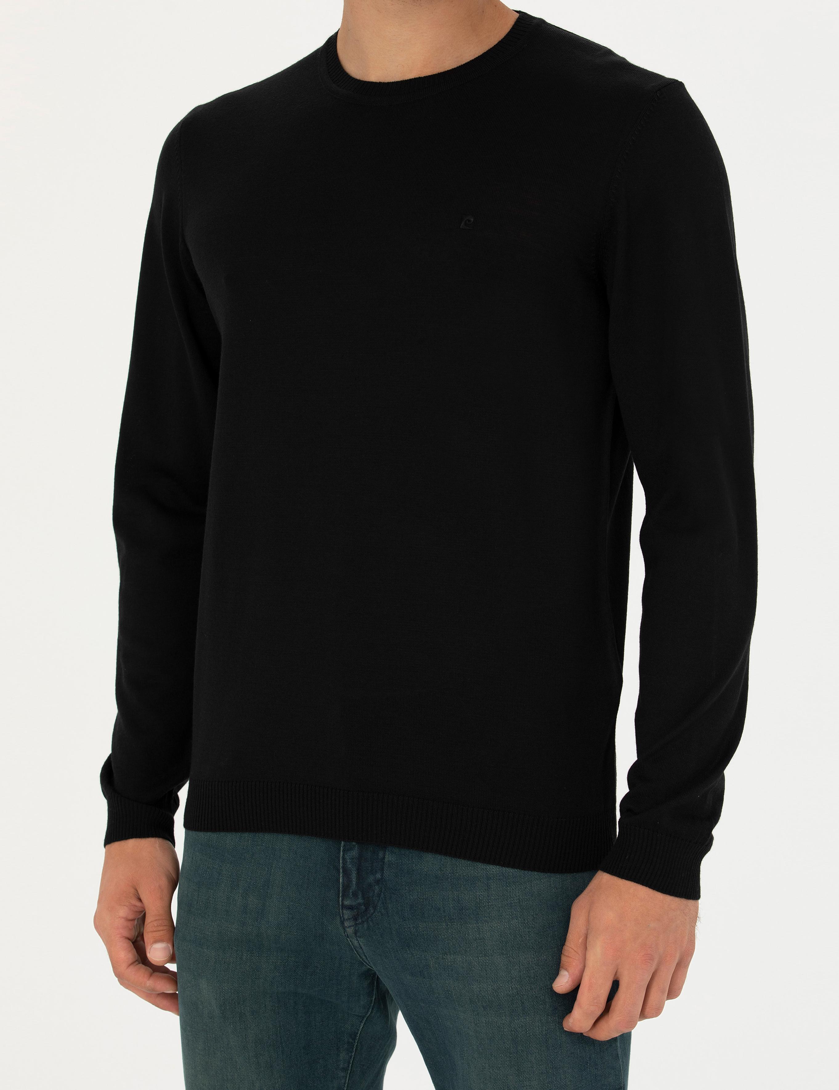 Siyah Slim Fit Bisiklet Yaka Yün Karışımlı Basic Triko Kazak