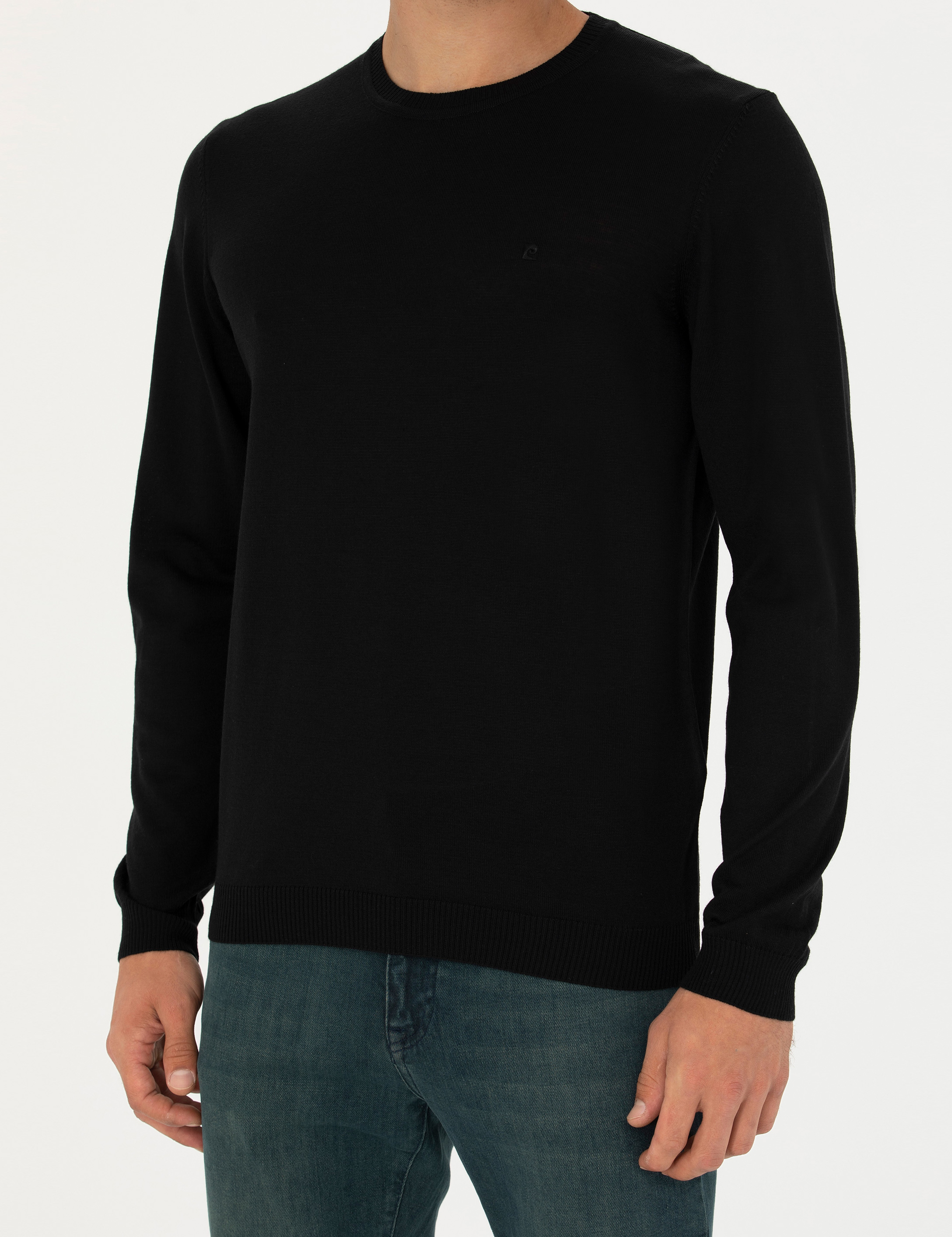 Siyah Slim Fit Bisiklet Yaka Yün Karışımlı Basic Triko Kazak
