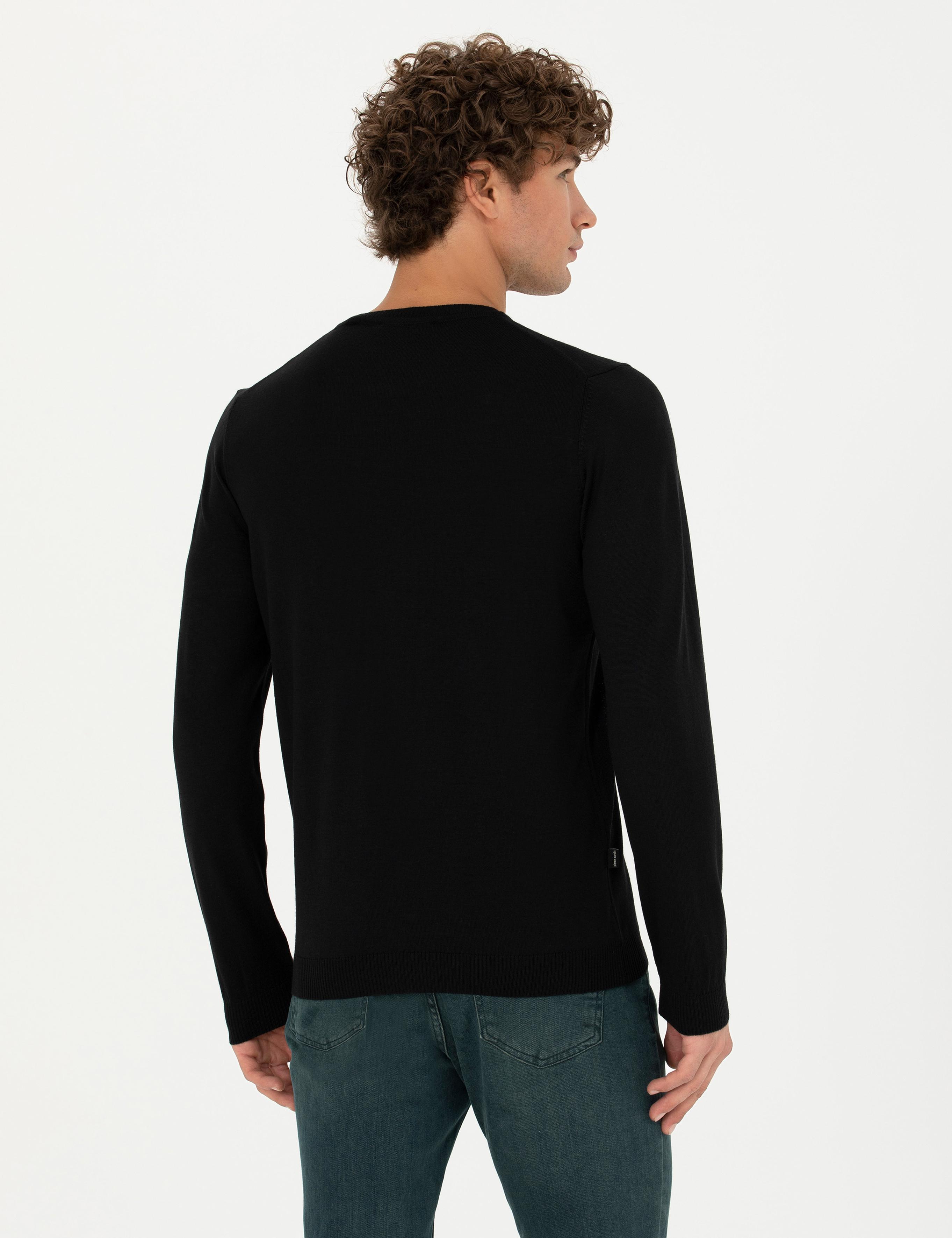 Siyah Slim Fit Bisiklet Yaka Yün Karışımlı Basic Triko Kazak